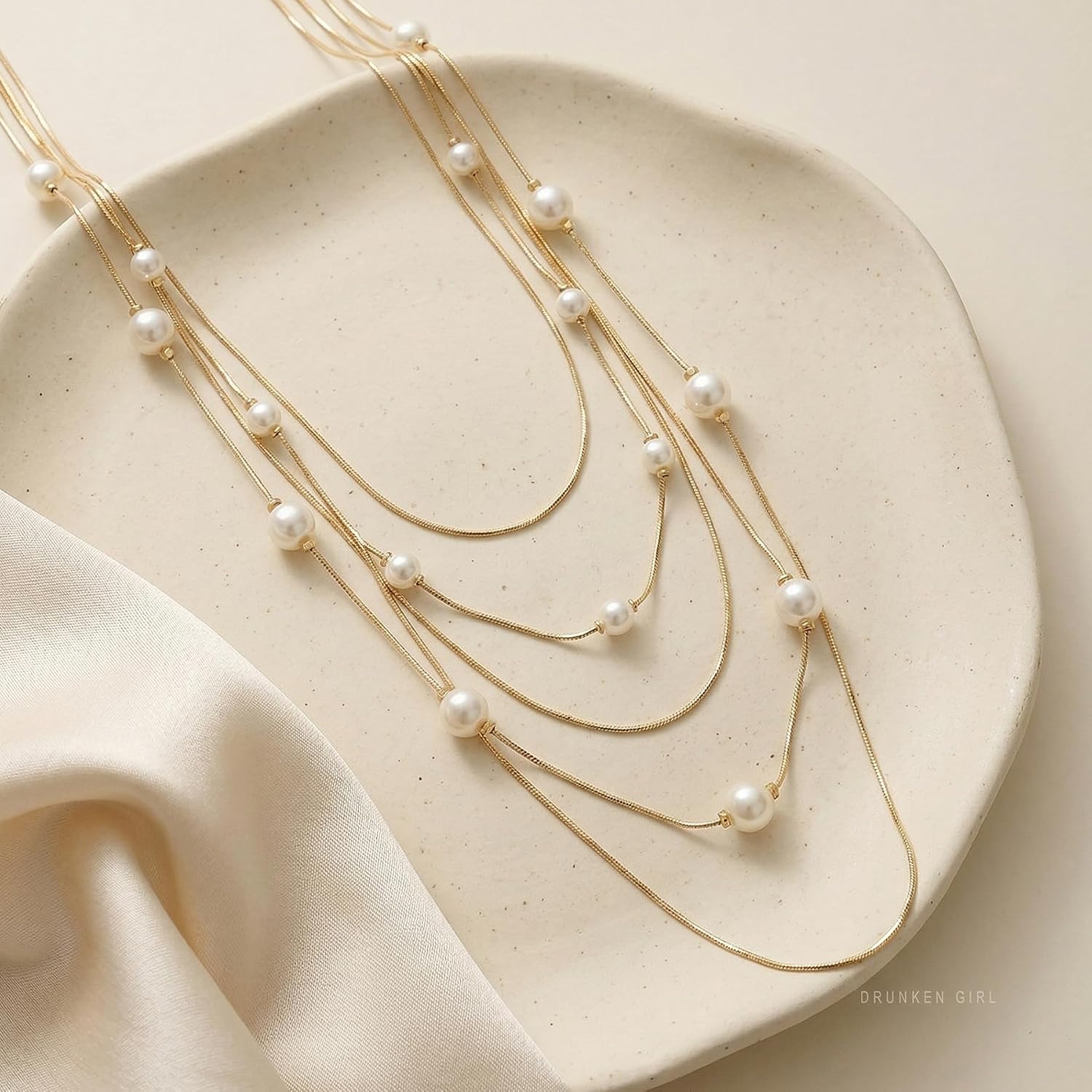 Layered Pearl Necklace for Women, Gold Tone Multi Strand Pearl Chain for Parties and Going-Out Looks