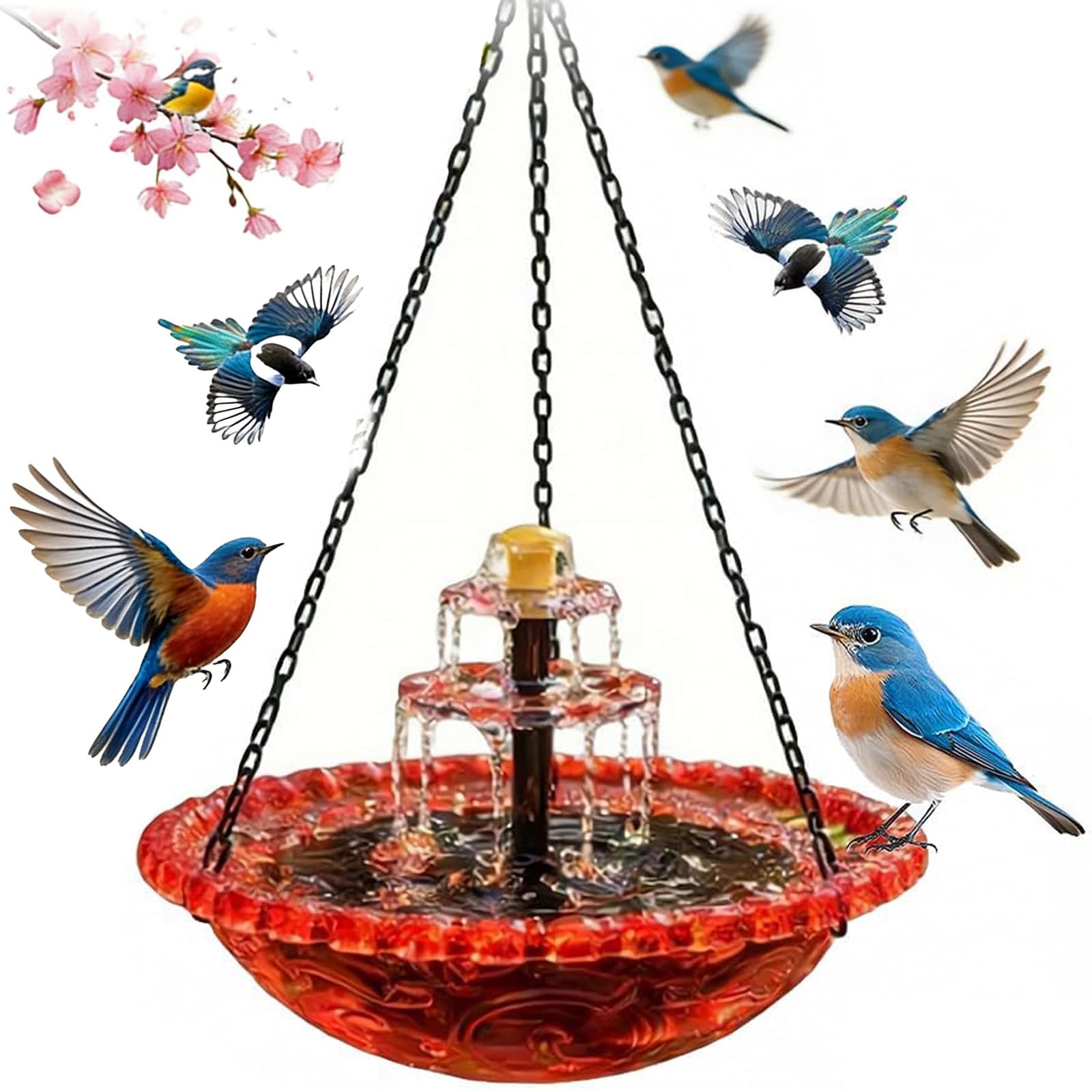 Solar Cascade Hanging Bird Bath Fountain, Outdoor Hanging Bird Bath with Solar Fountain, Large Hummingbird & Wild Bird Feeder, Automatic Water Flow, No Wiring Needed (Red, B (Double-Tier Fountain))