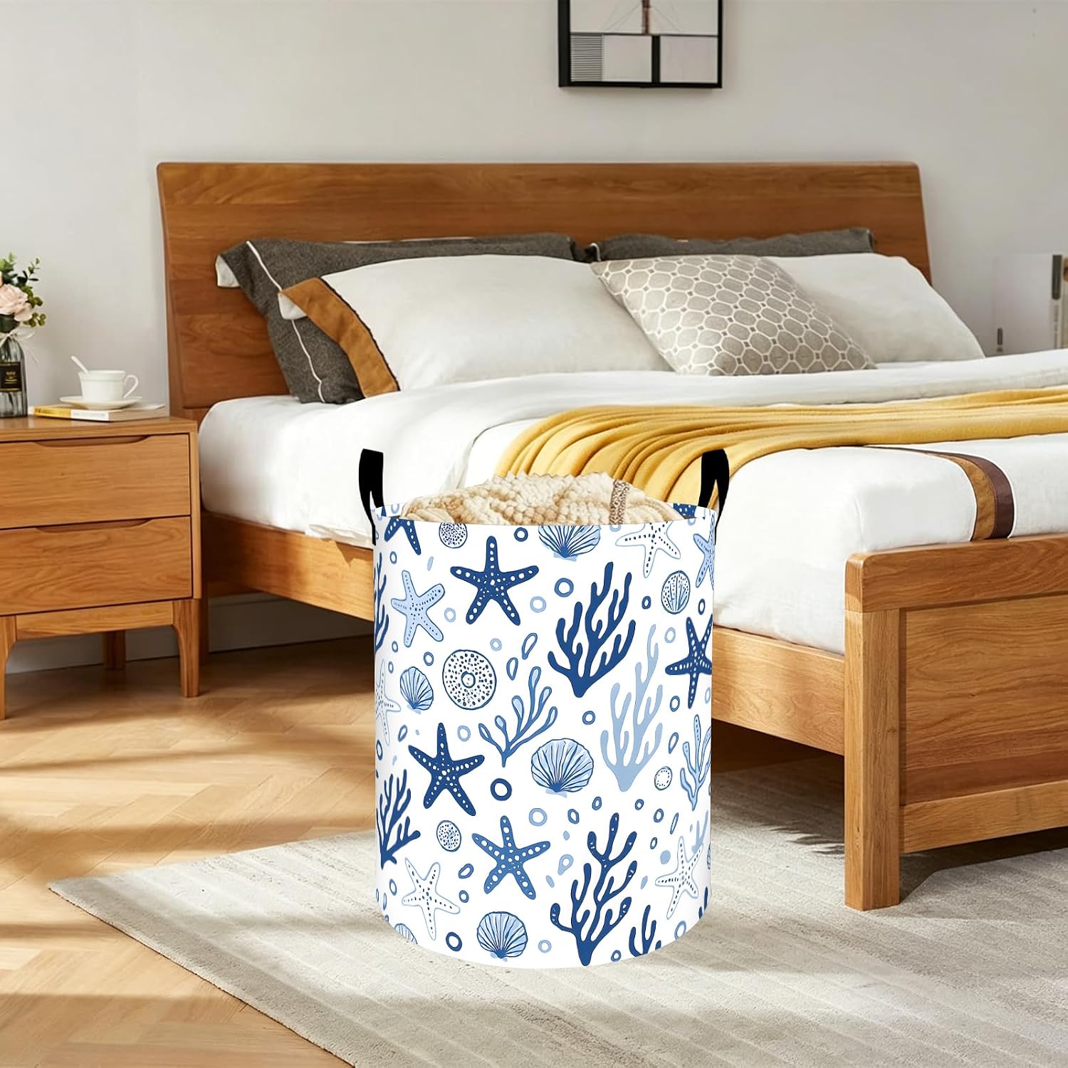 Coastal Starfish Laundry Basket Seashell Coral Waterproof Oxford Fabric Cloth Storage Hamper, 19.7x15.7inch Nautical Ocean Portable Dirty Baskets Decor Gifts for Living Room Bathroom image 5