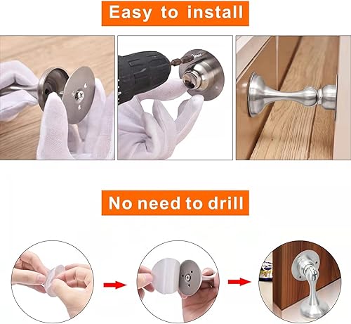 Miniatura 5 de Tope magnético de puerta de níquel cepillado, paquete de 6 topes magnéticos para puerta, sin necesidad de taladrar cinta adhesiva de doble cara 3M,