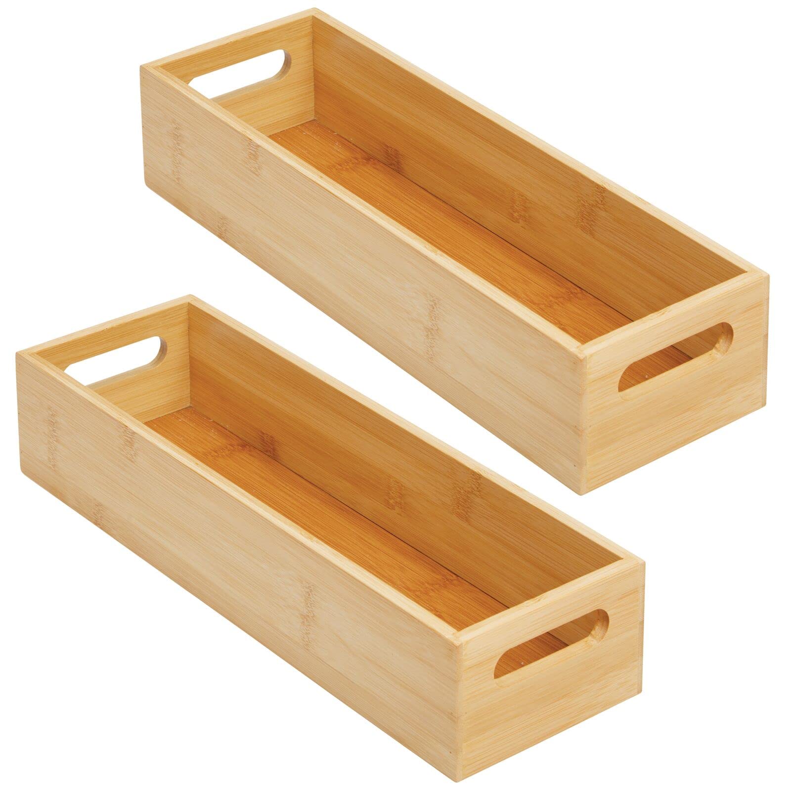 mDesign Juego de 2 cajas de almacenamiento con asas, práctica caja de madera para almacenamiento de alimentos, especias, nueces o botellas, bandeja de bambú abierta para cocina, color bambú