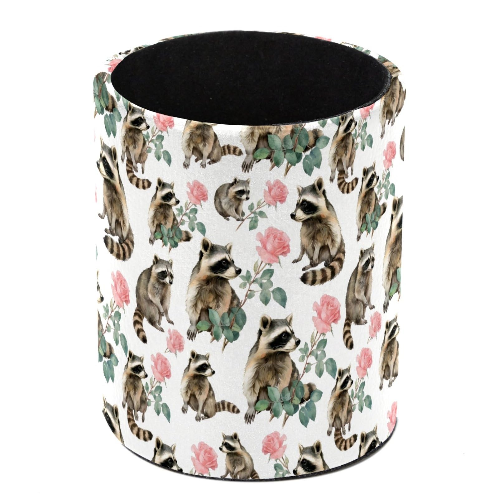 HEOEH Raccoon Rose Pen Holder for Desk, PU Leather Pencil Holder Pen Cup Marker Holder Makeup Brush Holders, Desk Accessories & Workspace Organizers for Home, Office