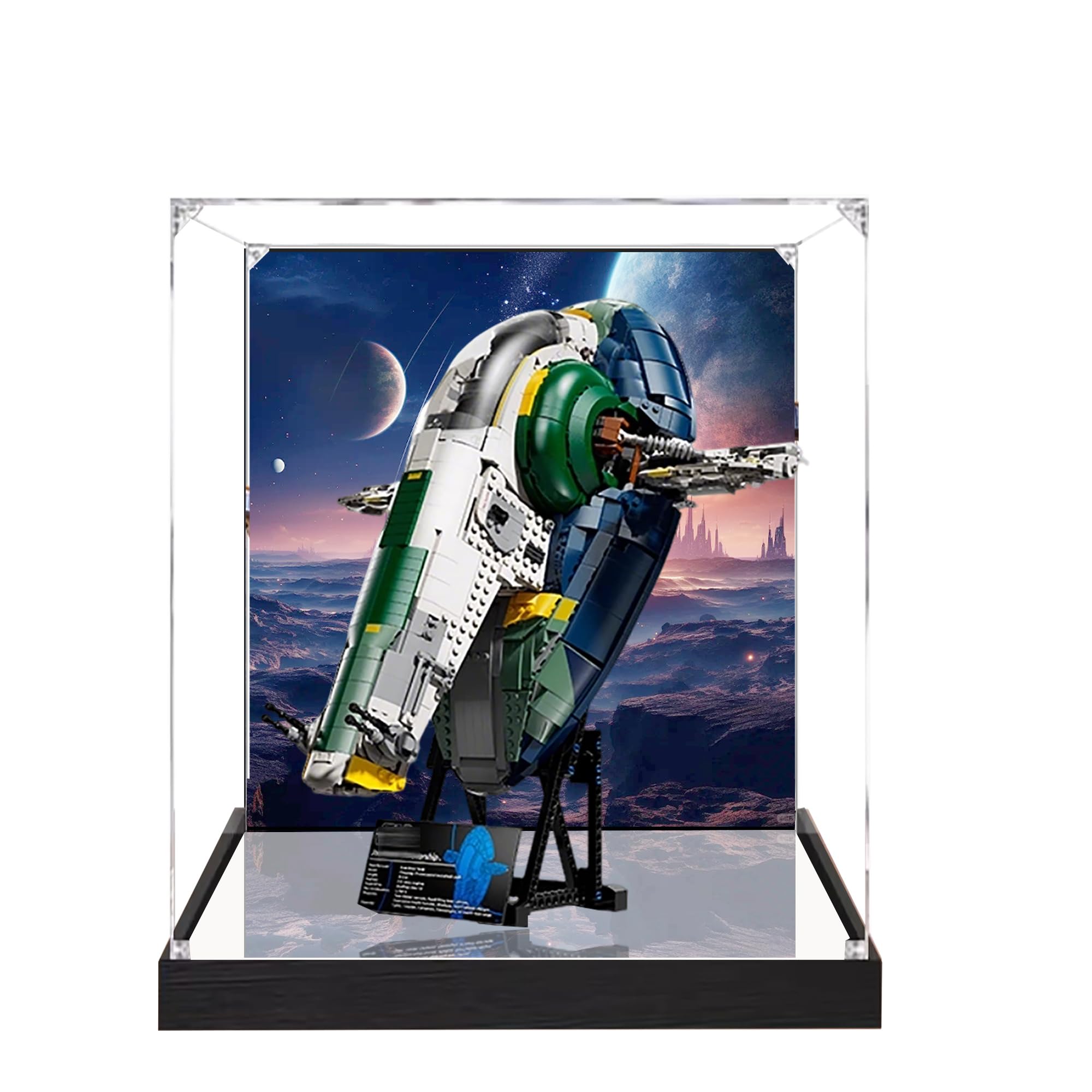 Acrylic Display Case for Lego 75409 Jango Fett Starship Building Set, Clear Display Case, Dust-Proof Display Case Compatible with Lego 75409 (Only Display Case) (Background 3MM+Mirror)