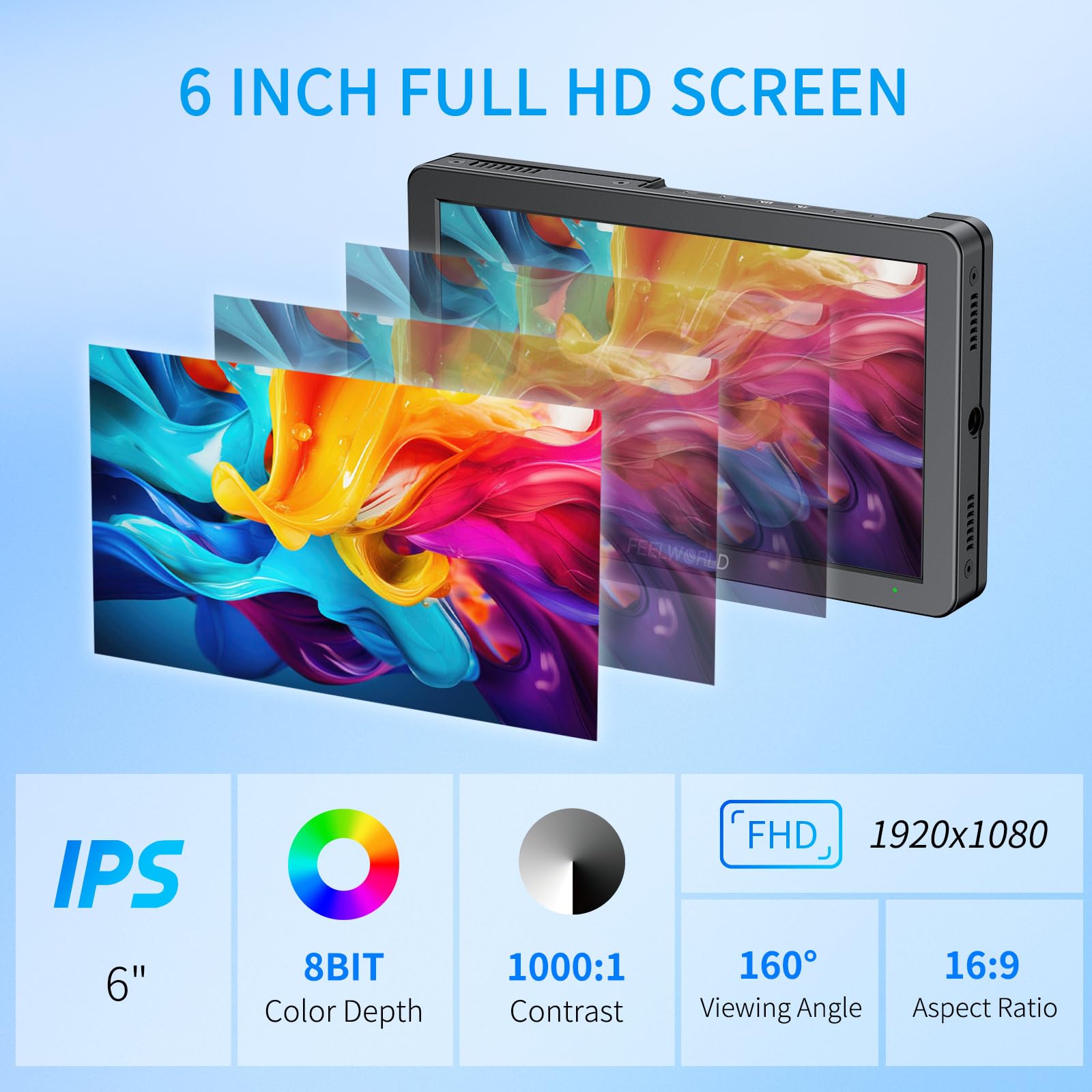 FEELWORLD T6 Moniteur de Caméra 6 Pouces Retour Video Appareil Photo Aluminum IPS Full HD,Entrée/Sortie 4K HDMI avec 3D LUTs, Vecteurscope, Focus Peaking, Batterie F550 2200 mAh et Sac de Transport