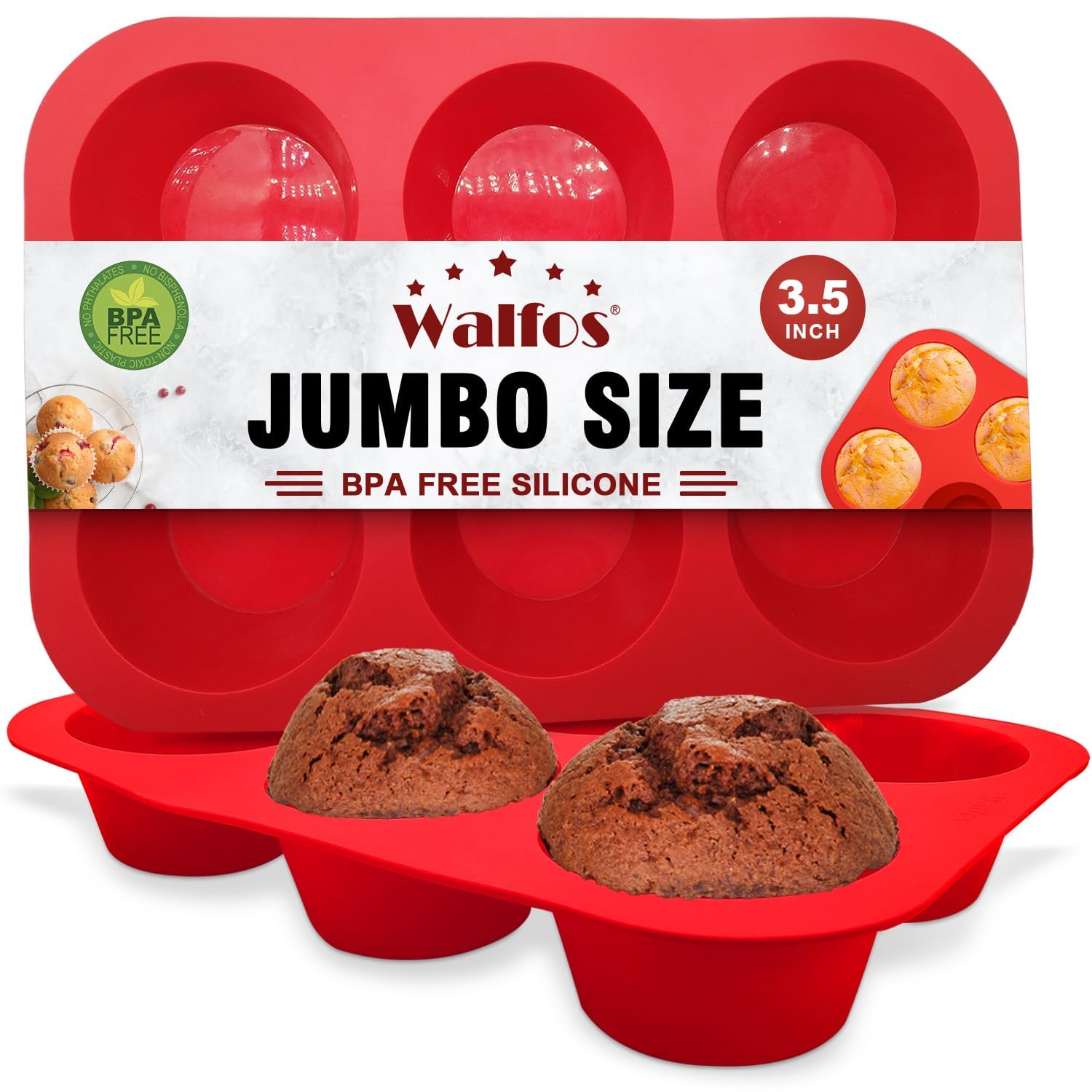 Walfos Set di 2 padelle per muffin in silicone Texas, 6 tazze in silicone jumbo per cupcake in silicone, in silicone antiaderente, senza BPA e lavabile in lavastoviglie, set da 2