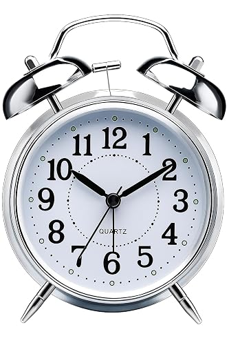 AERYS Retro Twin Bell Table Clock, Metal Frame Alarm Clock with Night Backlight, Silent Movement, High Volume for Heavy Sleeper Alarm for Home, Office, Bedroom, Living Room (Silver Clock)