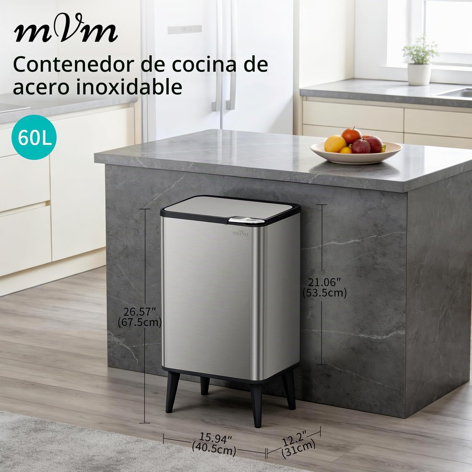 mVm Cubo de Basura con Presión Manual 60L, Acero Inoxidable Antihuellas con Soporte Desmontable, Tapa Amortiguada y Cubo Interior Extraíble