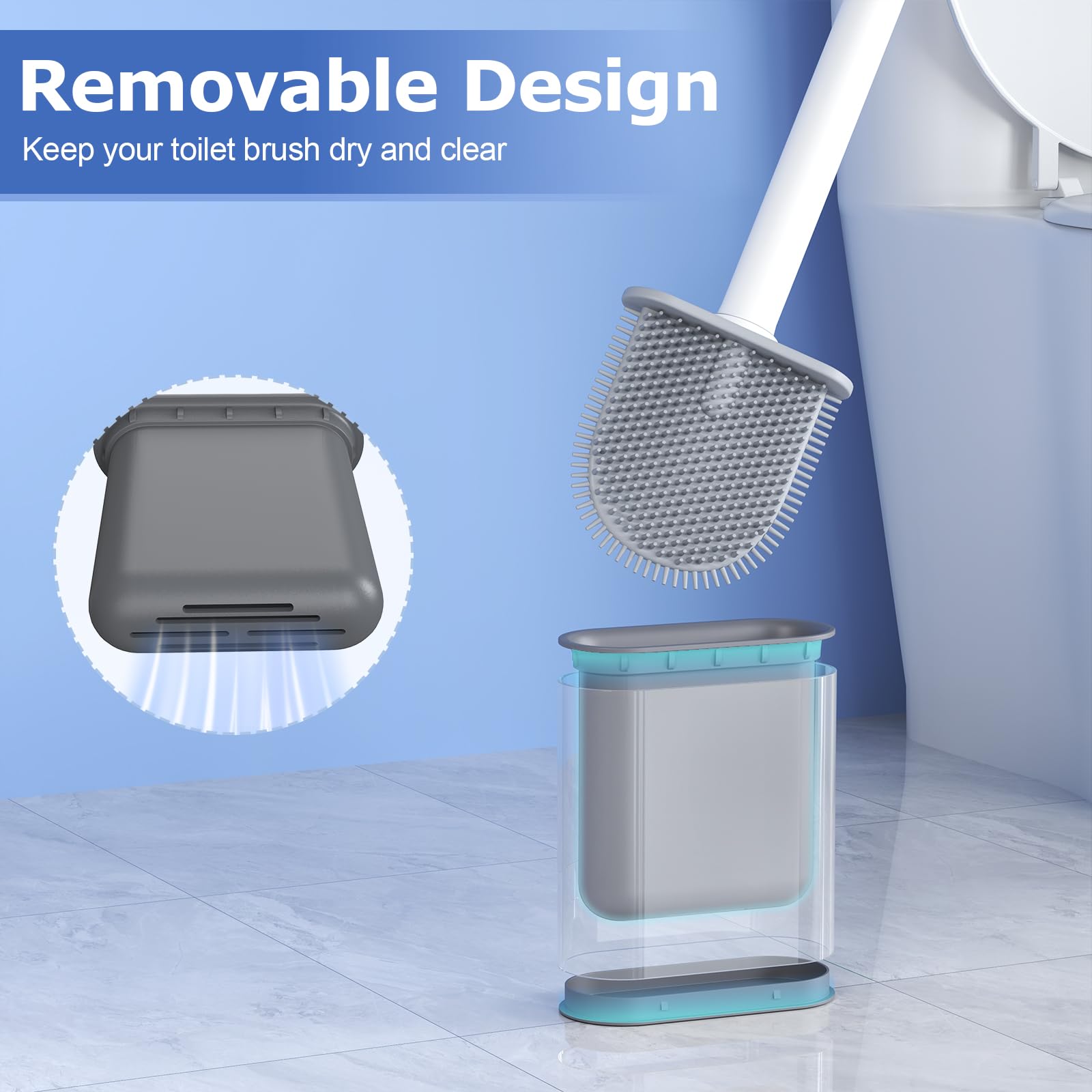UlisemBrosse WC Silicone, Brosse Toilettes WC Suspendu en Silicone, Ensemble de Balayette WC à Séchage Rapide avec Long Manche, Balai WC Montage Mural/au Sol, Bleu clair