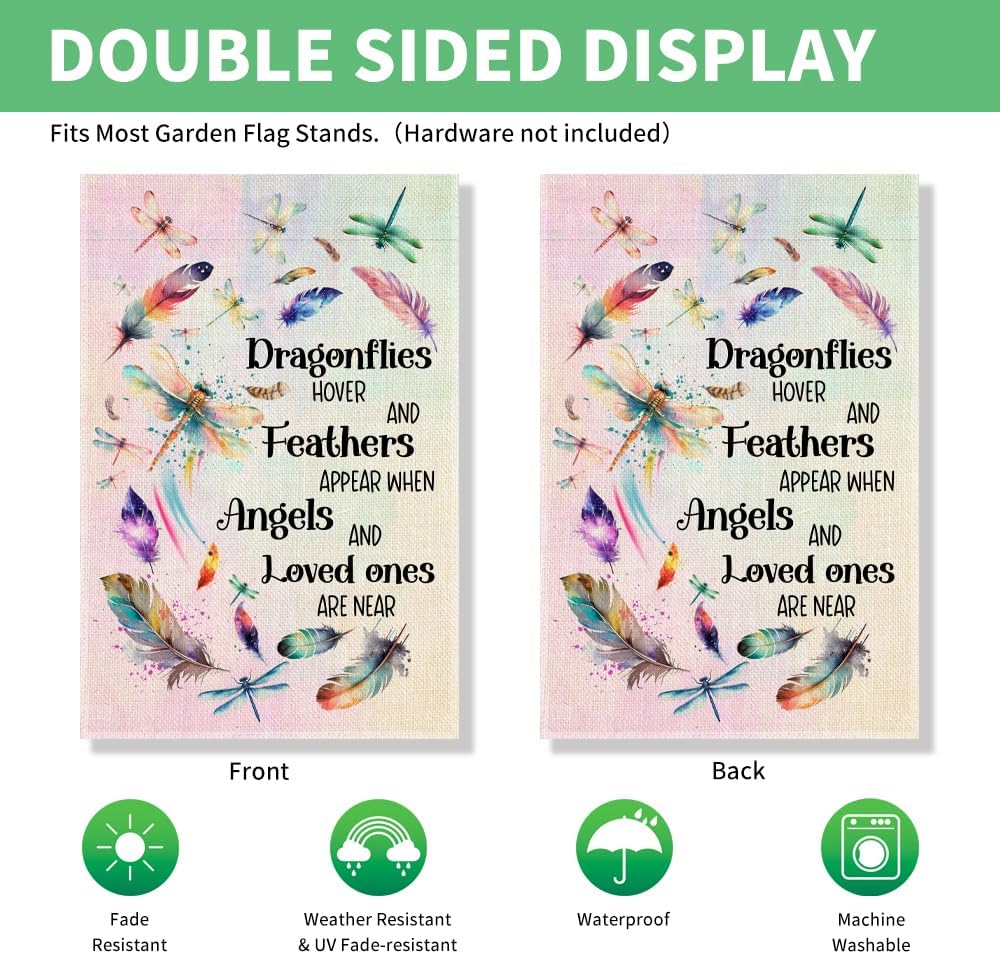 Perfectinsoy Dragonflies Hover And Feathers Appear When Angels And Loved Ones Are Near Garden Flag for Outdoor, Memorial Loved Cemetery Flag, Yard House Garden Home Decor, Funeral Remembrance Decor - Image 3