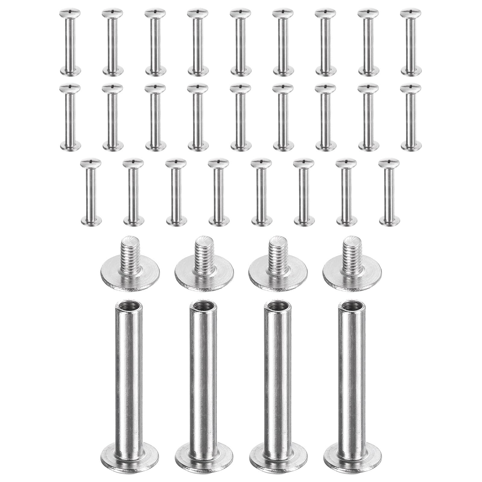 sourcing map 30set Chicago Screw M3x25mm 5mm Length Metal Phillips Nail Rivet Stud Bolts Rivets Binding Post Screw for DIY Leather Belt Bag Craft Bookbinding, Silver