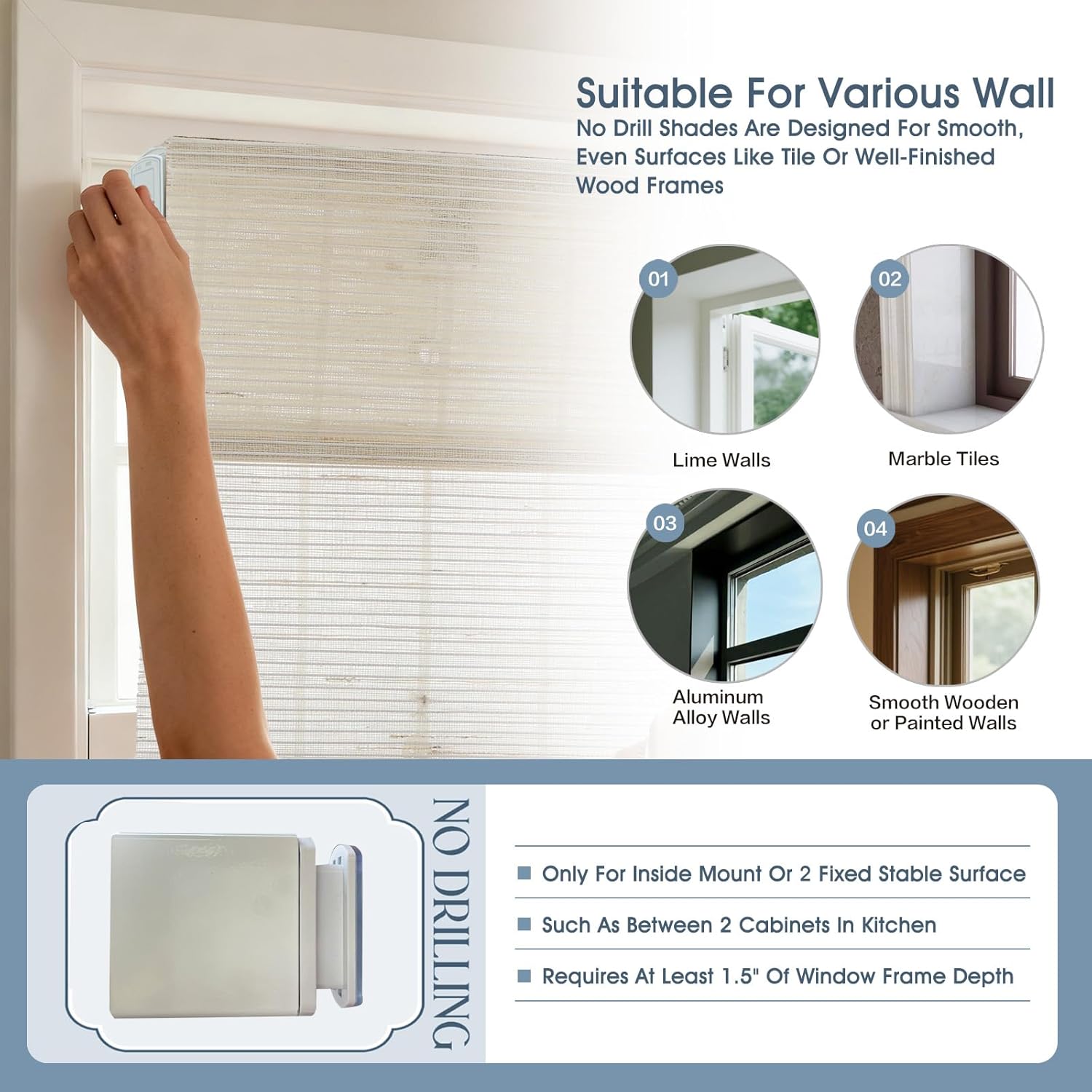 No Drill Bamboo Roman Shades for Indoor Windows, No Tool Cordless Bamboo Blinds, Blackout Custom Window Roman Shade for Kitchen Windows, French Doors, Bathroom, Chalk
