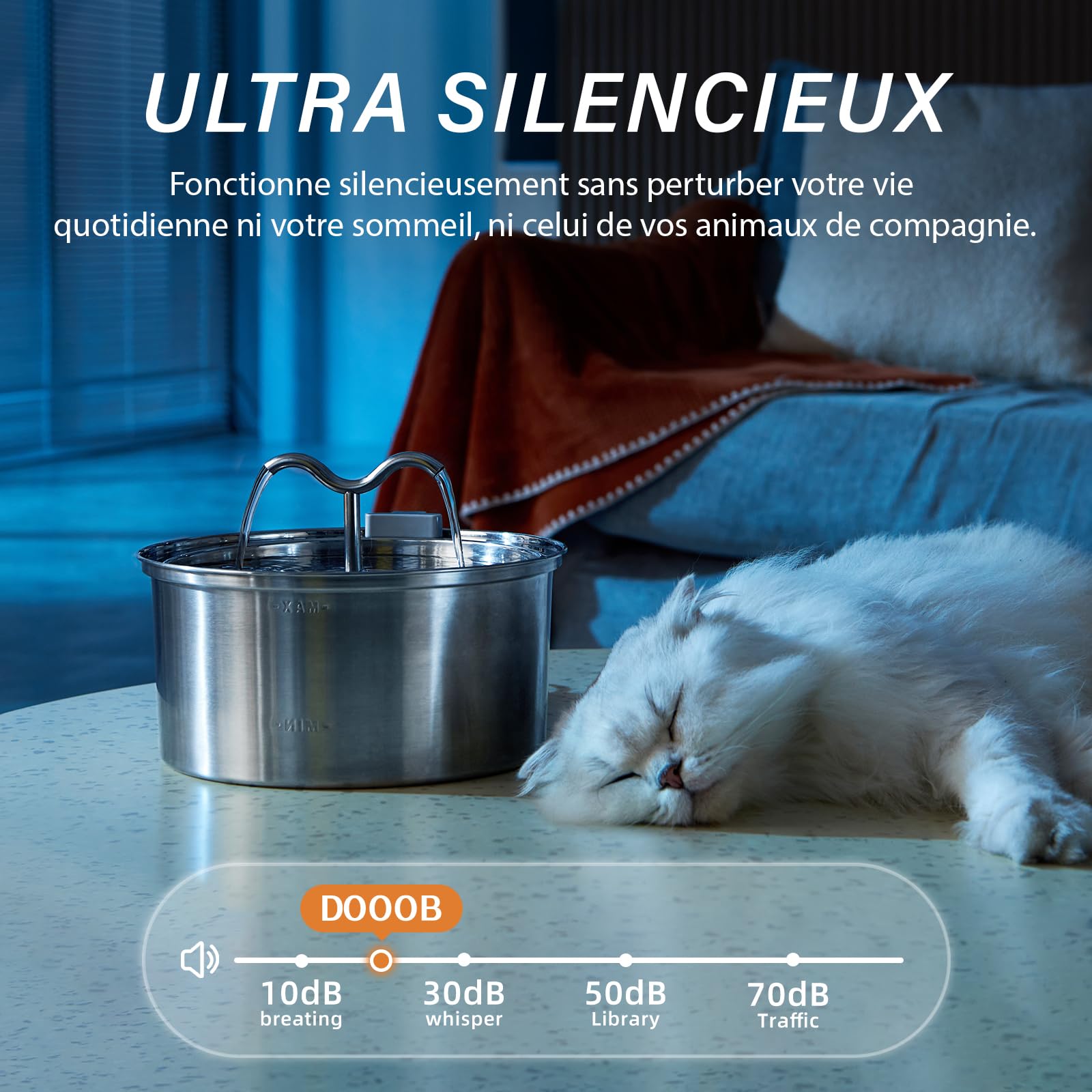 DOOOB Fontaine a Eau Chat 3.2L, Fontaine à Eau Chat INOX avec Pompe Ultra-Silencieuse, Distributeur Fontaine a Eau pour Chien, 1 Filtre & 1 Éponge Inclus