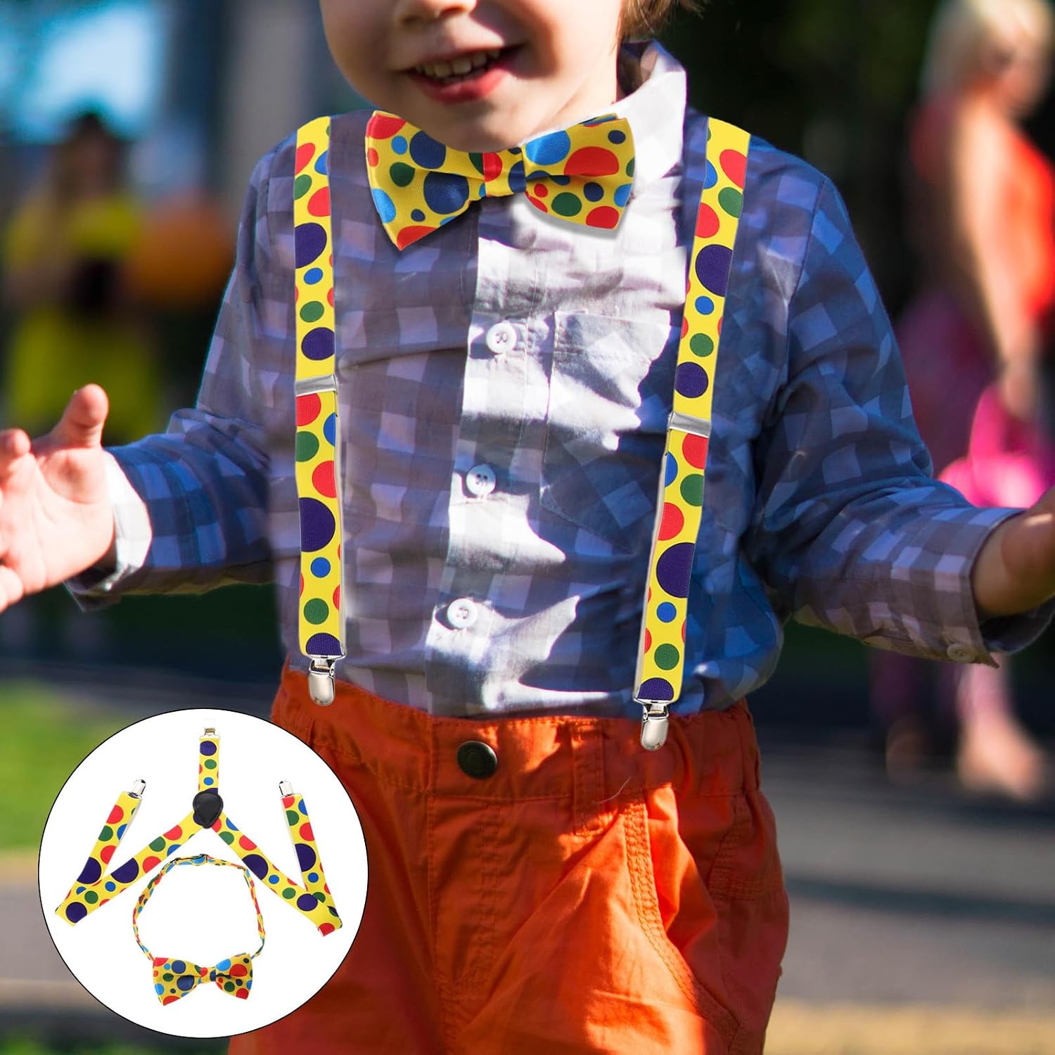 FRCOLOR 2 Sets Suspenders Bow Tie, Rainbow Polka Dot Clown Costume Accessories, Elastic Y-back with Metal Clips for Dress Up, Birthday, Halloween