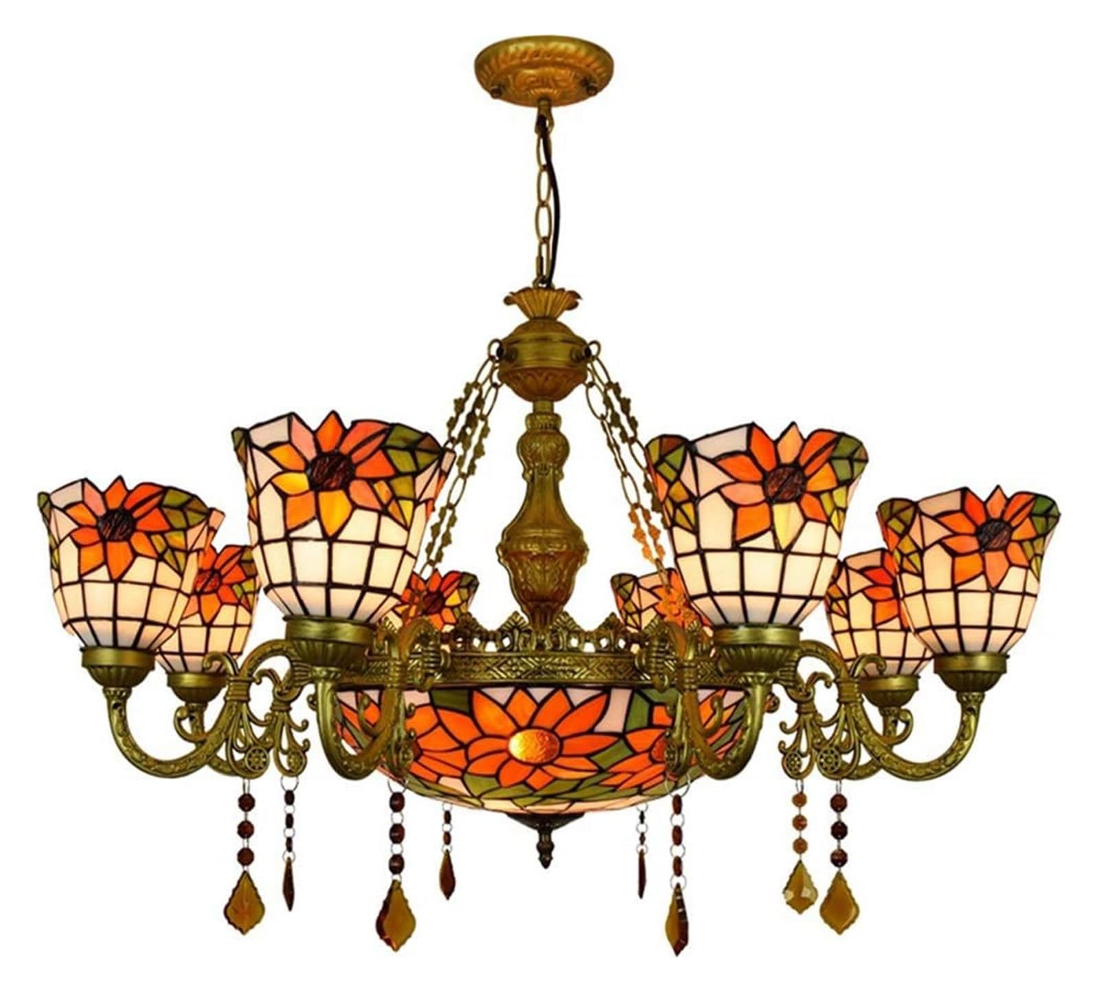 METTEOR Ceiling Lamp Ceiling Pendant Light Fixture American Simple Tiffany Stained Glass Garden Sun Flower Glass Chandelier Multi-Head Remote Crysta