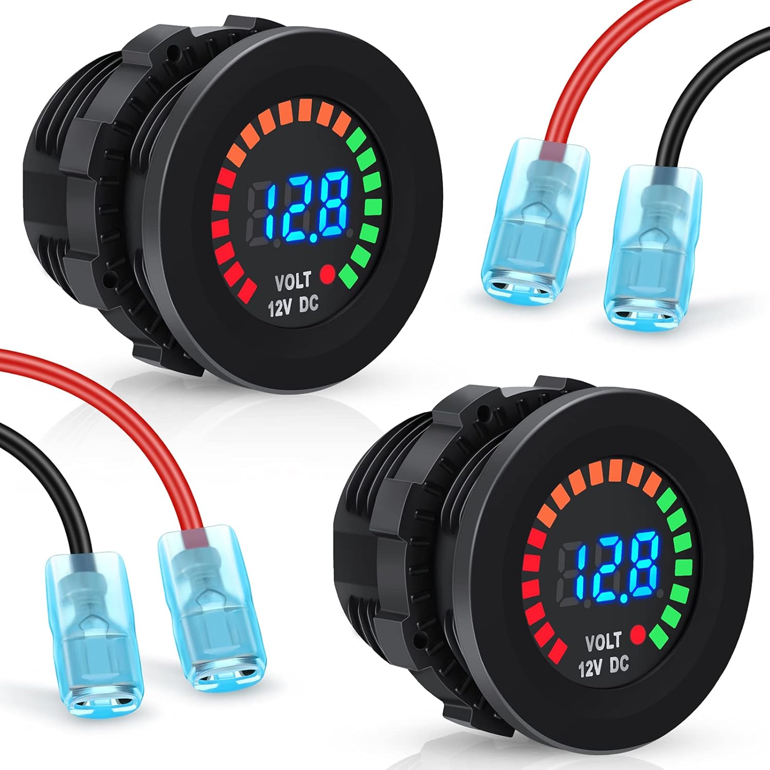 Frienda 2 Pieces DC 12 V Waterproof LED Digital Display Voltage Gauges Round Panel Car Voltmeters with Terminals Waterproof Voltmeter Battery Tester with Blue Light for Boat Marine Car Motorcycle : Automotive