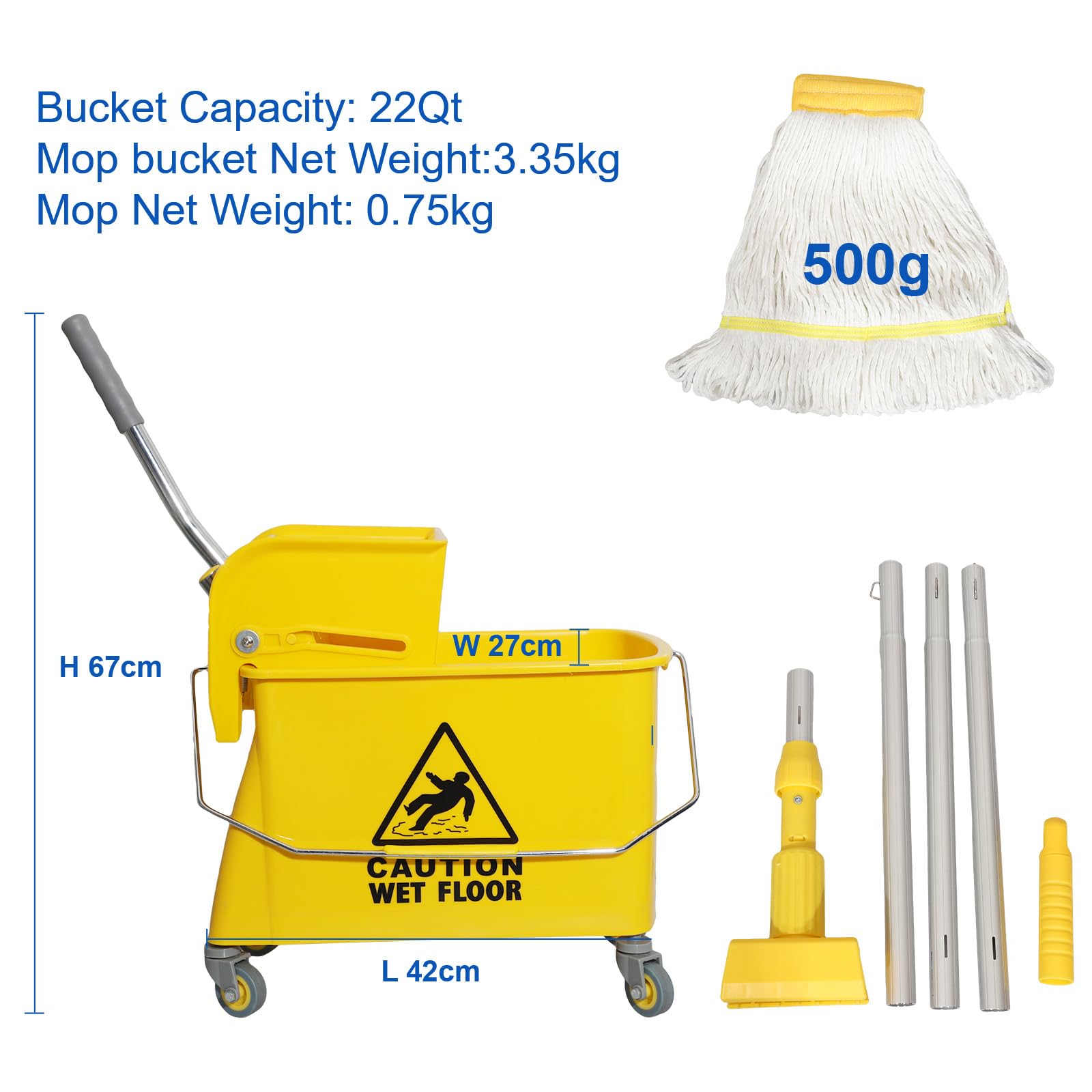 Midoneat Wischeimer mit Auswringer, 22 Qt (5,5 Gallonen), Griff, Räder, Bodenreinigung, 41,9 cm L x 26,9 cm B x 67,1 cm H, Gelb, fügen Sie einen Baumwollmopp hinzu