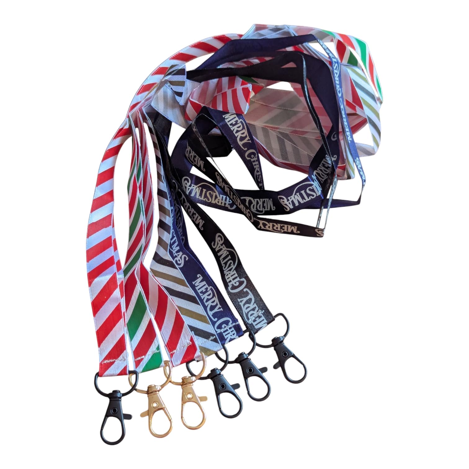 Christmas Print Ribbon Lanyard 2cm Satin Neck Strap with Lobster Clasp Xmas Satin Badge Holder or Keychain Individual or Bundle Pack (6pc Set - Merry Xmas Stripes)
