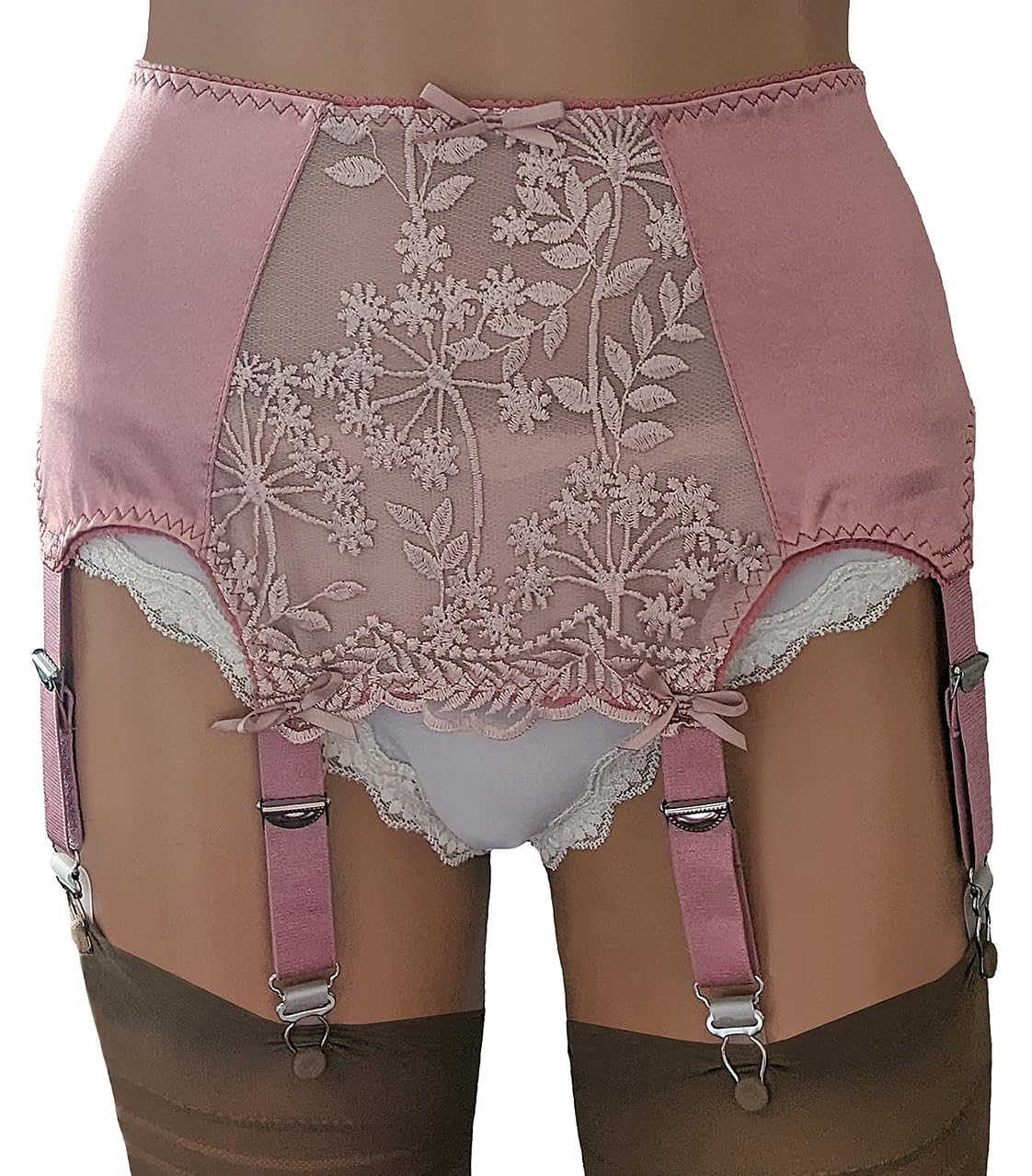 Ceinture porte-jarretelles 8 bretelles rose avec panneau avant en dentelle et clips métalliques