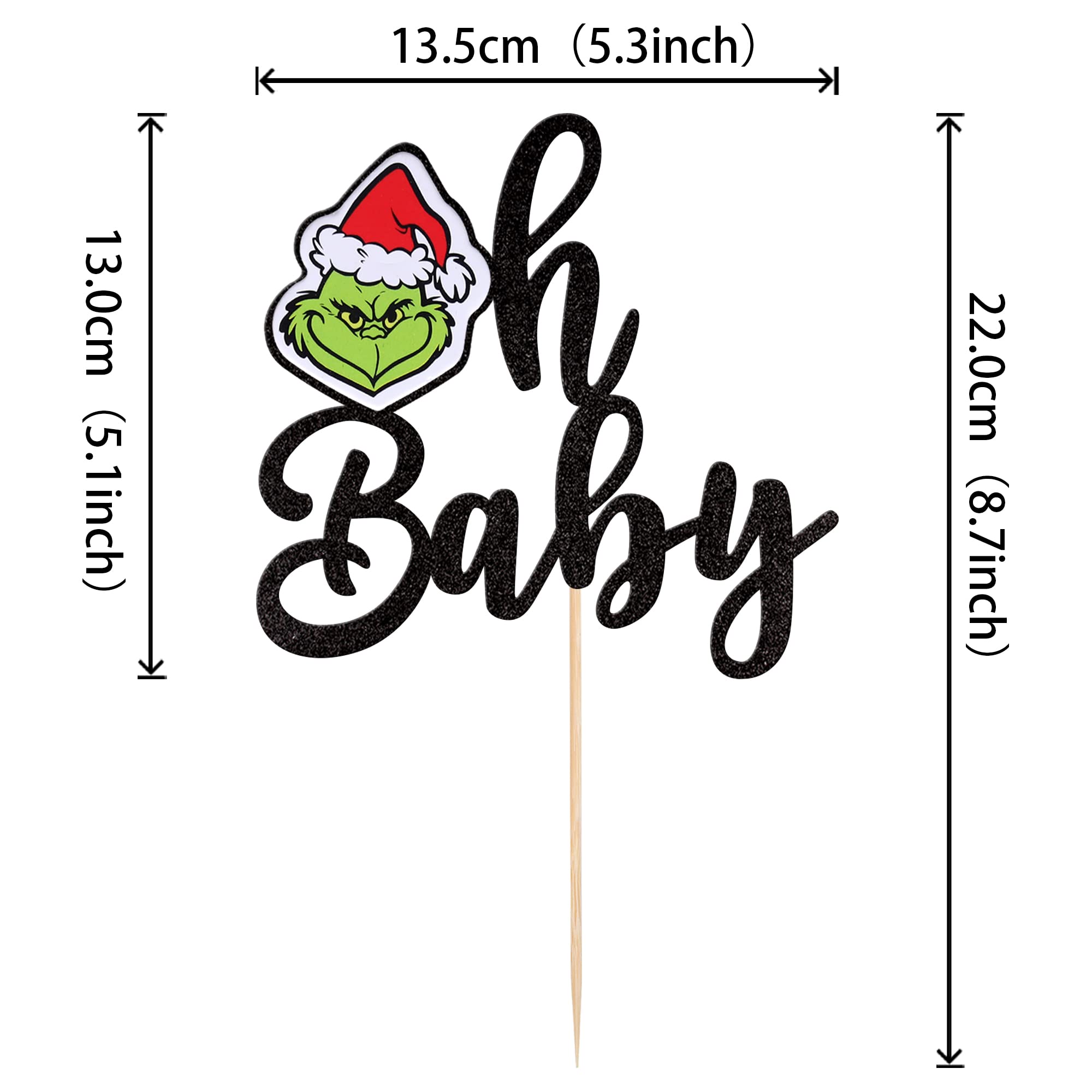 1 PCS Christmas Green Monster Oh Baby Cake Topper Glitter Baby Shower Christmas Cake Pick for Merry Christmas Theme New Born Baby Shower Kids Birthday Party Cake Decorations Supplies Black