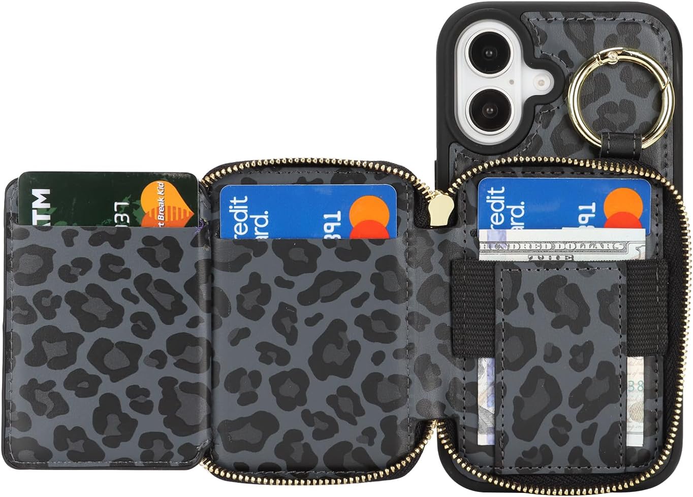 for iPhone 16 Case Wallet with Card Holder,for iPhone 16 Phone case Wallet with Zipper with Slot Kickstand Stand for Women and Man Case for 5G 6.1 Inch-Black Leopard