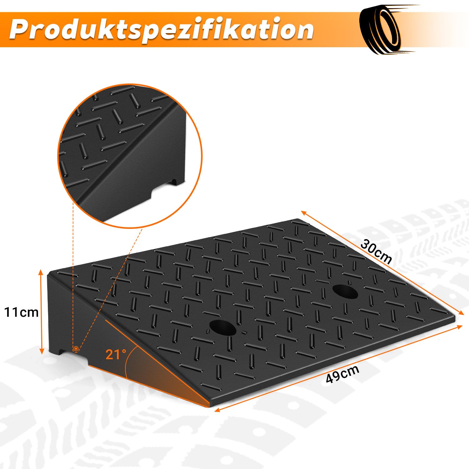 Rampa de acceso para automóviles de plástico de goma, muy resistente y antideslizante, superficie estructurada con relieve antideslizante, incluye tornillos de fijación, aprox. 49 × 30 × 11 cm