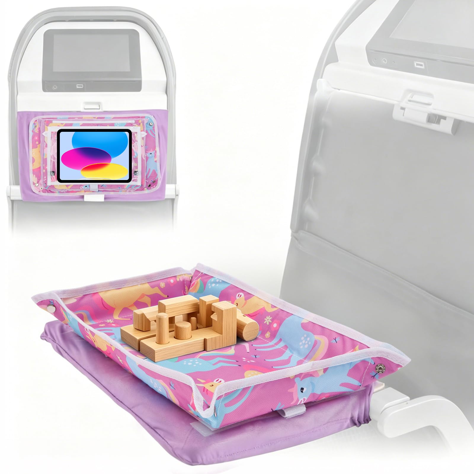 Bpyhebe Airplane Tray Cover Kids, Car Seat Tray with Transparent Tablet Pocket for Kids Travel, Toddler Airplane Travel Essentials(Unicorns)