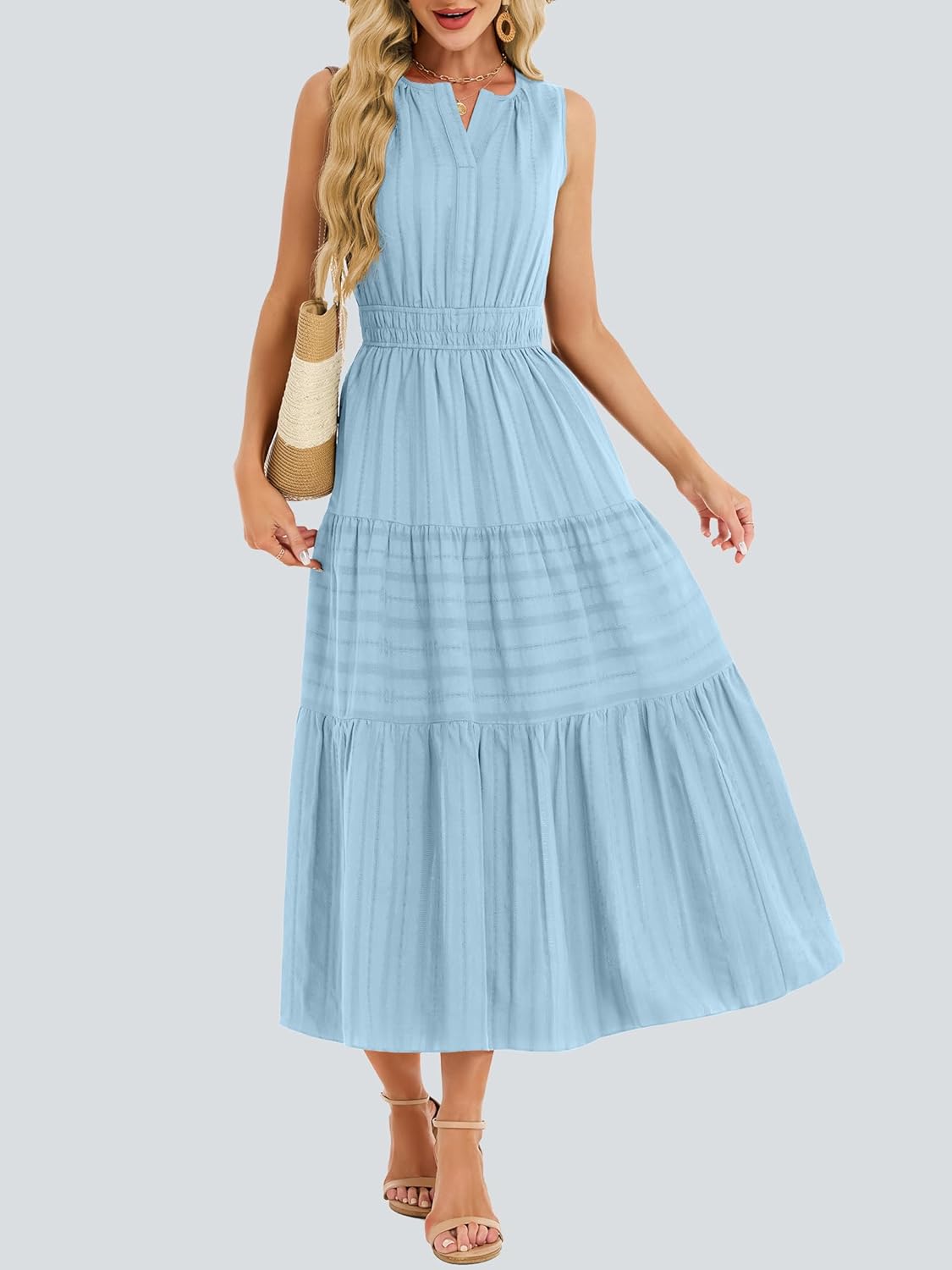 Funlingo Summer Maxi Dresses for Women Casual Sleeveless V Neck Elastic Waist Midi Wedding Guest Beach Dress with Pockets - Image 5