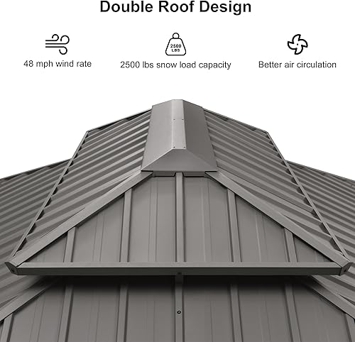 Miniatura 7 de PURPLE LEAF Gazebo de aluminio de techo rígido de 12 x 16 pies con techo de metal doble y tira de luces, cenador permanente resistente para patio,