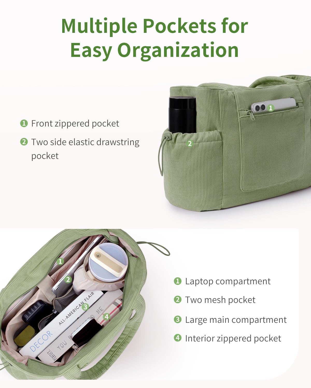 ECOHUB Cord Shopper damska duża torba z zamkiem błyskawicznym, torba robocza z kieszenią na laptopa o przekątnej ekranu 15,6", duża torebka do szkoły, na uczelnię, do biura, na co dzień, w podróż