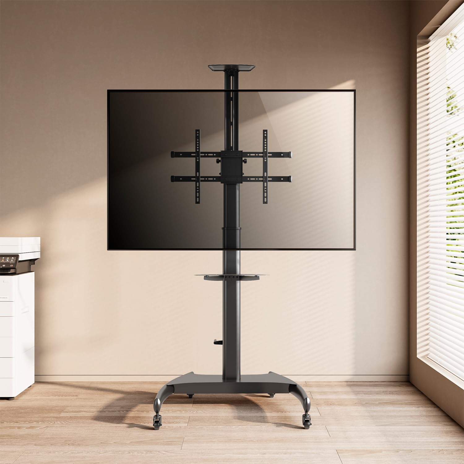 AISENS - FT70TE-169 - Soporte de Suelo Eco con Ruedas y Manivela, Bandeja para DVD y Soporte de Cámara para Monitor/TV 50Kg de 37-70, Negro
