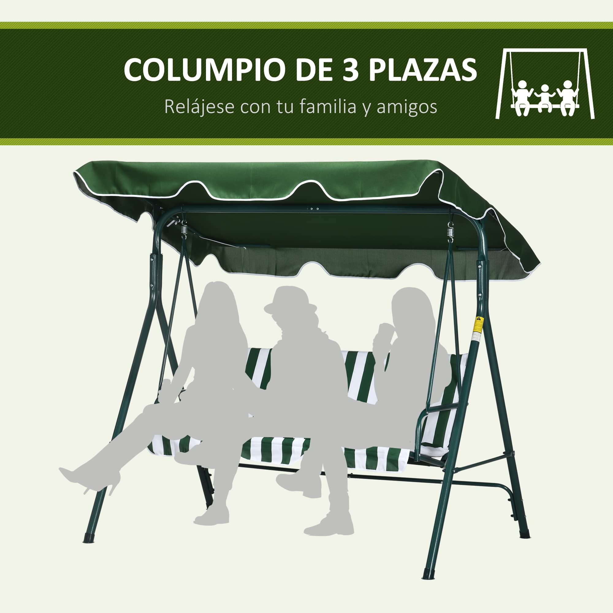 Outsunny Columpio Balancín de Jardín Exterior de 3 Plazas con Cojín Techo Ajustable y Marco de Acero para Balcón Terraza Patio Carga Máx. 300 kg 172x110x153 cm Raya Verde (84A-054V03GN)