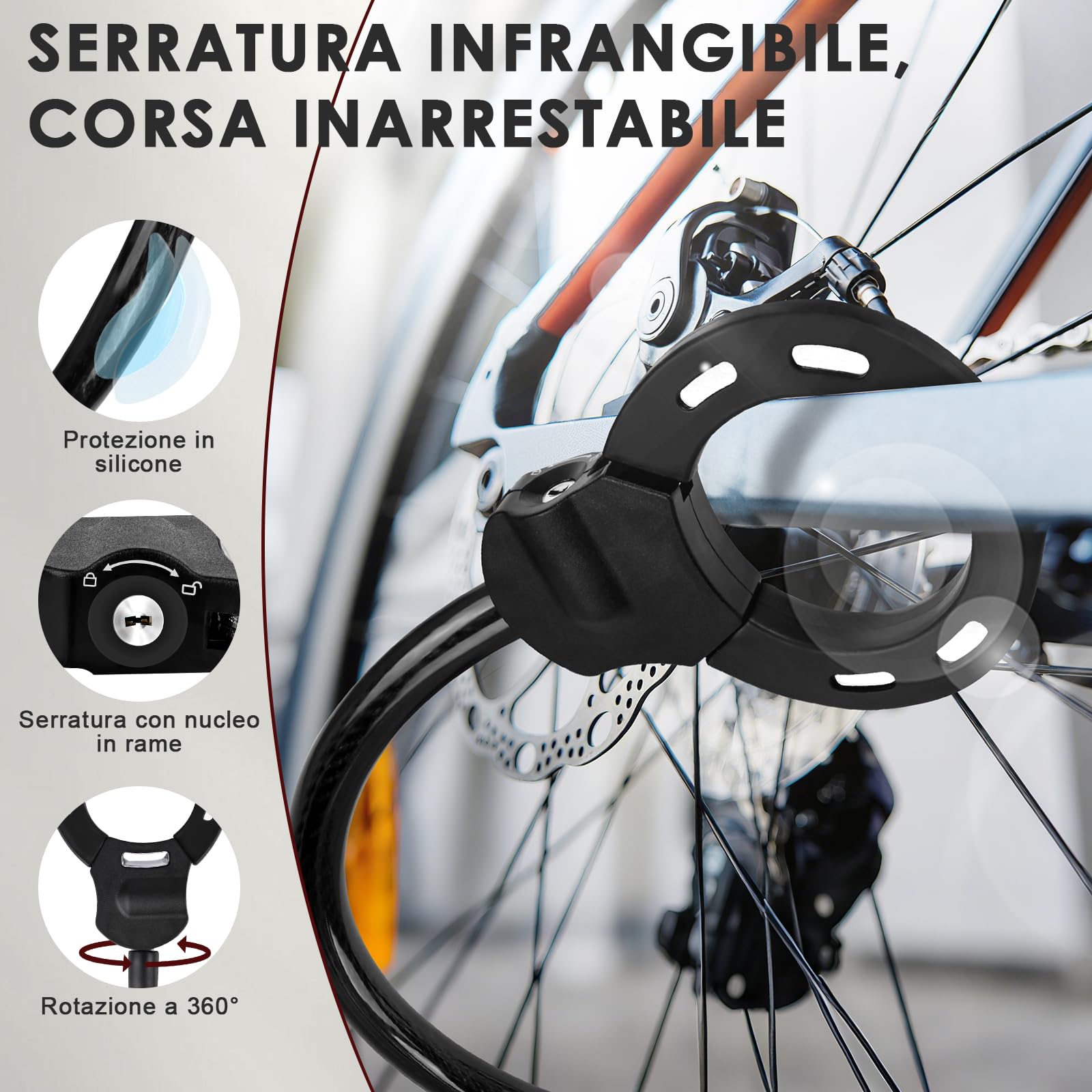 Lucchetto Monopattino Elettrico, Lucchetto Bici, 120CM Catena Monopattino Elettrico, 14MM Cavo Serratura a Chiave con Manette, Lucchetto Bicicletta Antifurto per Passeggino, Scooter, Biciclett