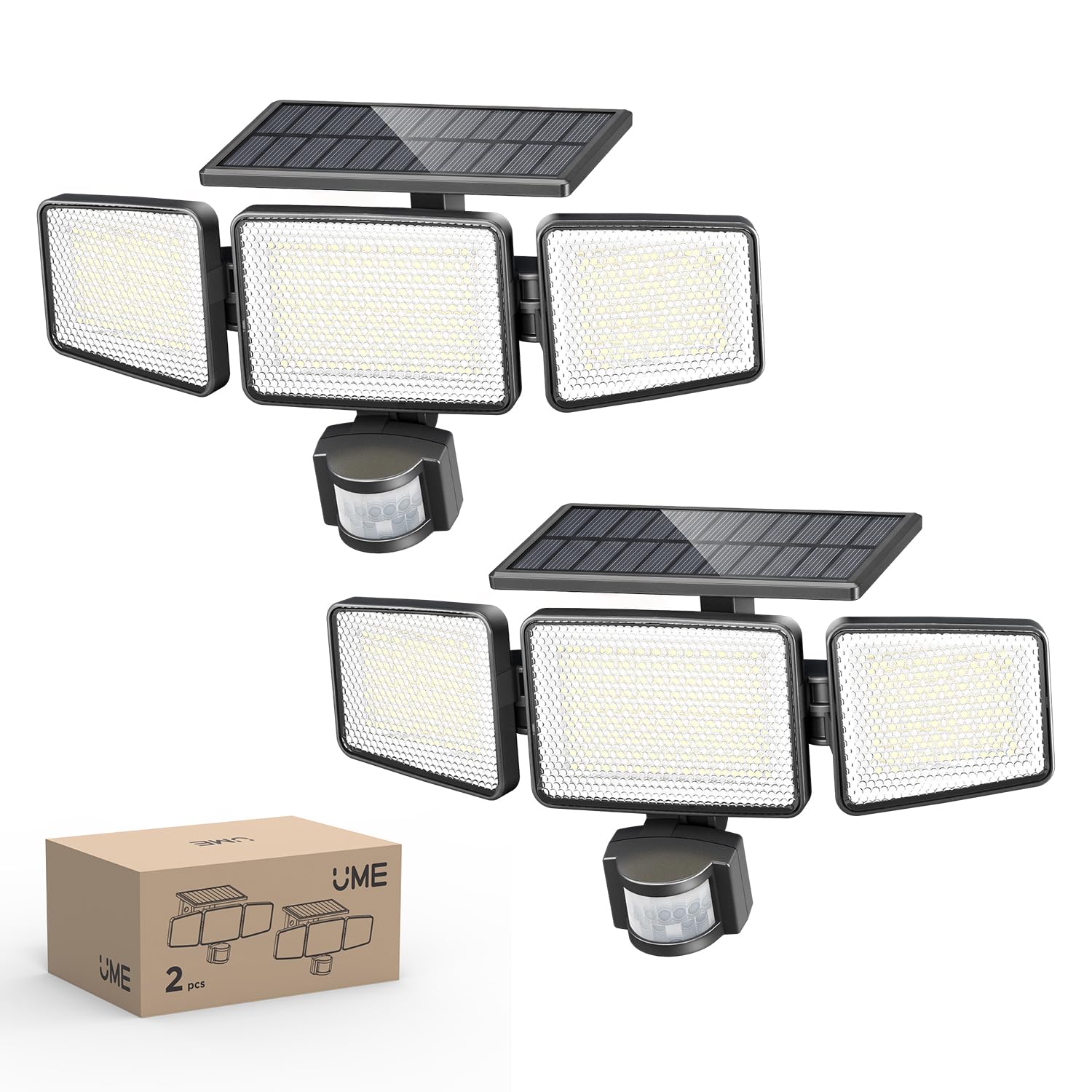 UME Lampe de sécurité solaire Extérieur 302 LED 1200 lm, projecteur mural étanche à énergie solaire avec détecteur de mouvement PIR, 3 têtes, étanche IP65, 3 modes