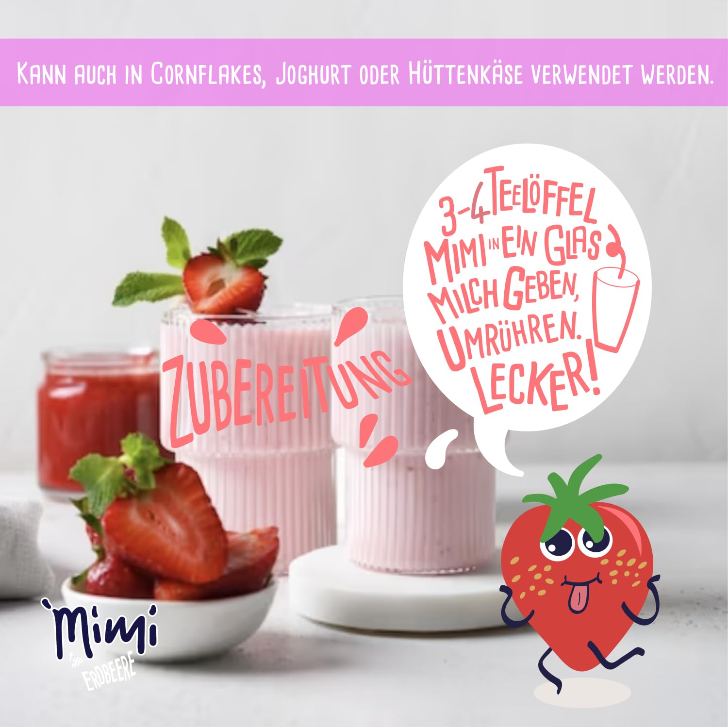 Mimi Milk Mix Fresa Bebida Polvo 12 x 400 g - Pack de Almacenamiento - Polvo de bebida soluble en leche con sabor a fresa - Soluble en frío y caliente - Ideal para ocio, oficina, familia grande
