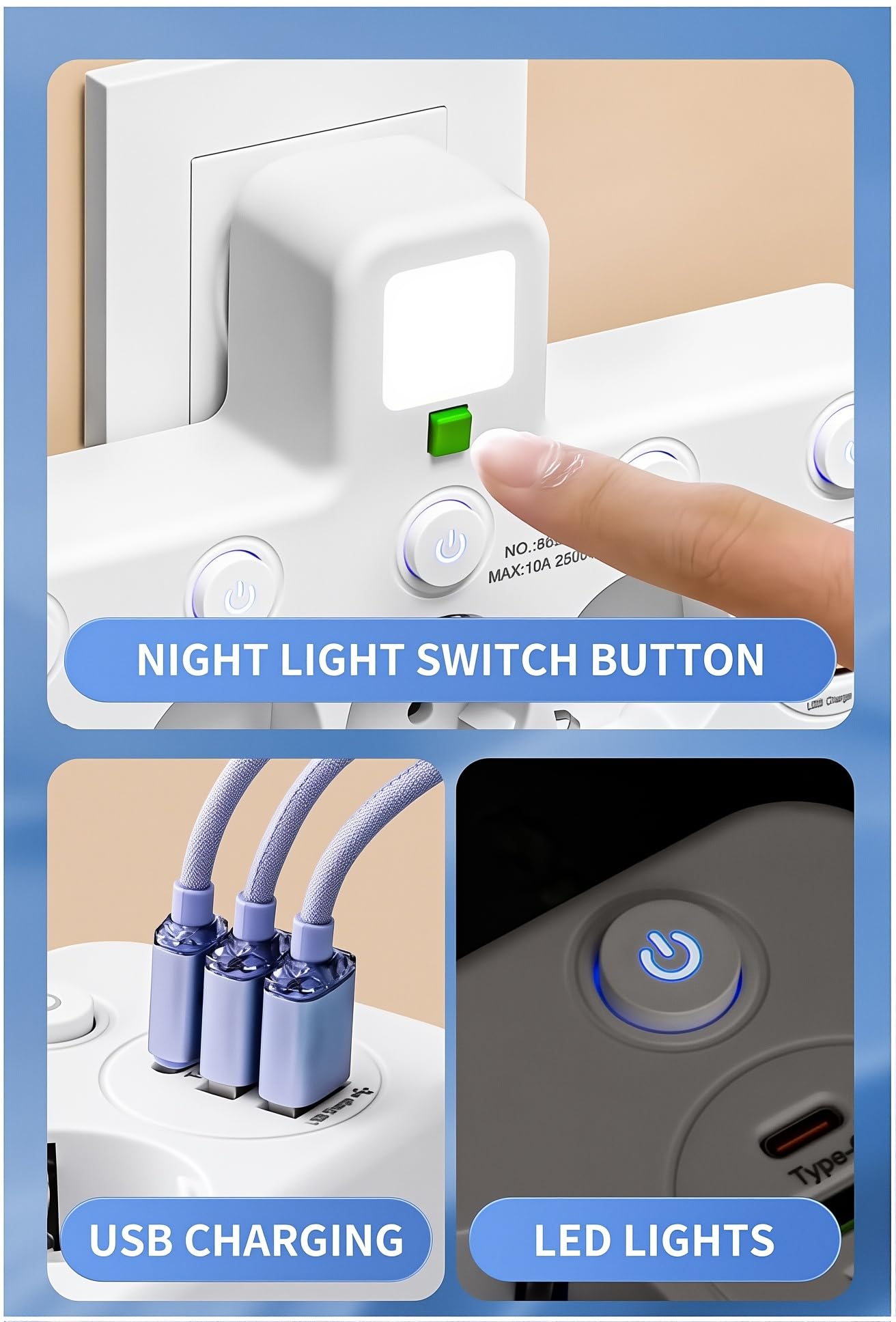 Regleta de Enchufe de Pared con 4 Tomas Europeas, Adaptador con USB C y 2 USB A, Ladrón de Enchufe con Interruptores Independientes para Hogar y Oficina — view 4