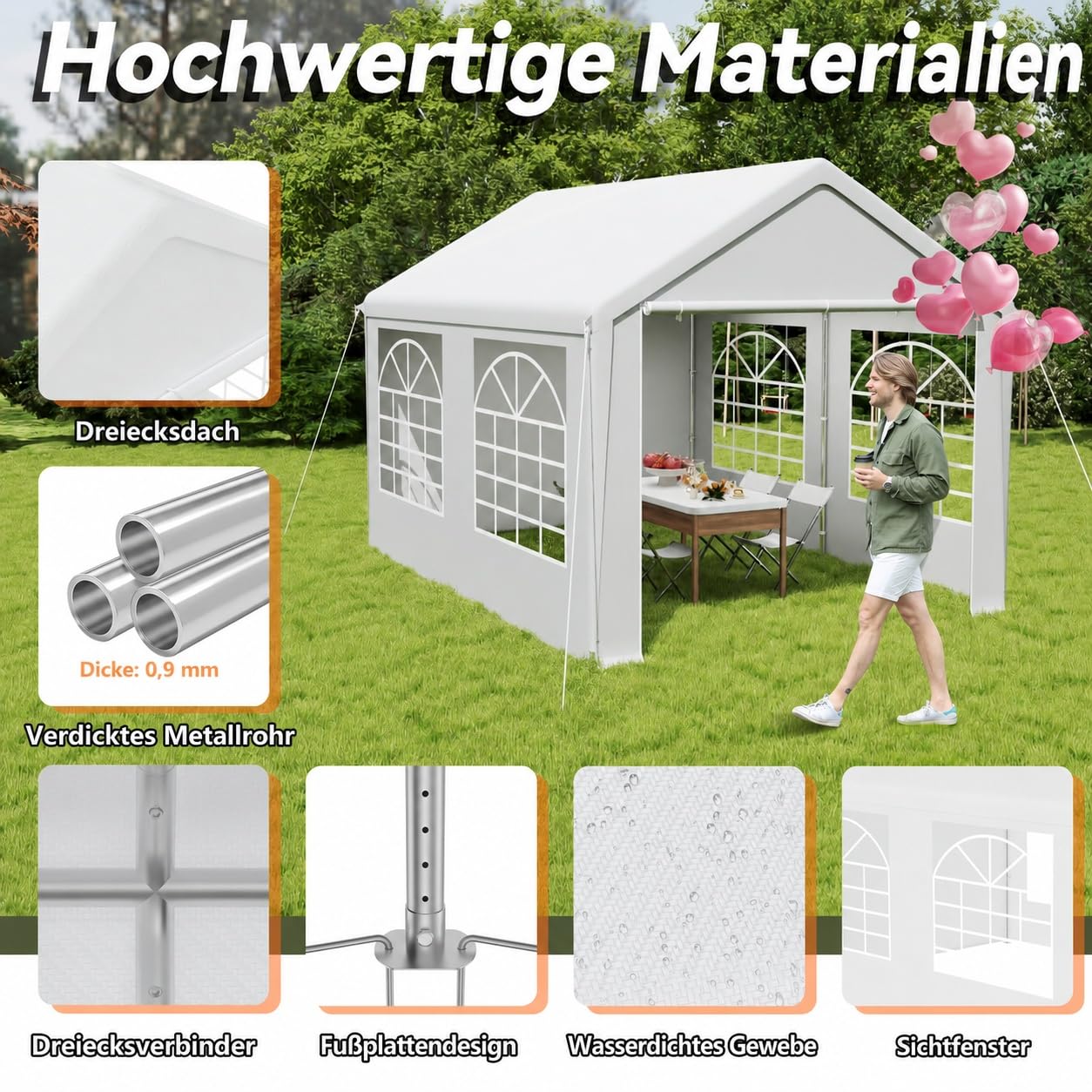 Carpa para fiestas de 3 x 4 m, color blanco, lona de techo de polietileno de 200 g, paredes laterales de 130 g con ventanas, resistente al agua, protección UV, marco de acero galvanizado