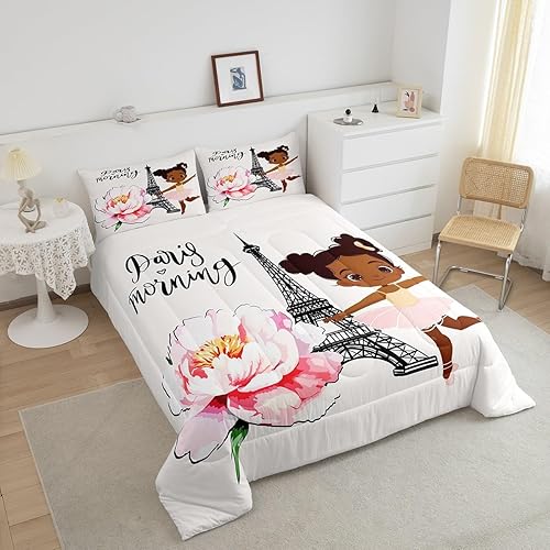 Miniatura 3 de Juego de ropa de cama de la Torre Eiffel para niñas, elegante juego de edredón de París, lindo relleno de edredón negro de ballet para mujeres,