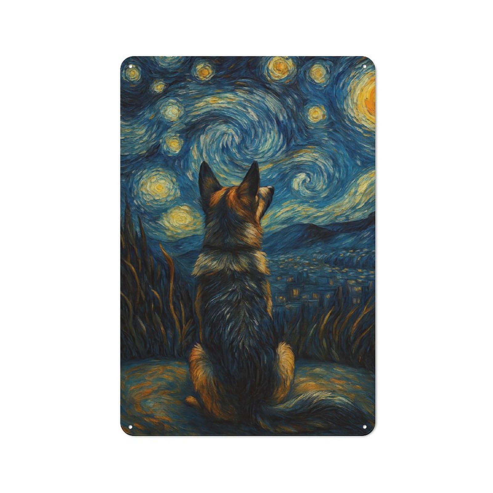 Junmoney Dog At Starry Night Classic Metal Wall Decor 30X20cm, Tin Sign For Bar, Kitchen, Garage Or Games Room