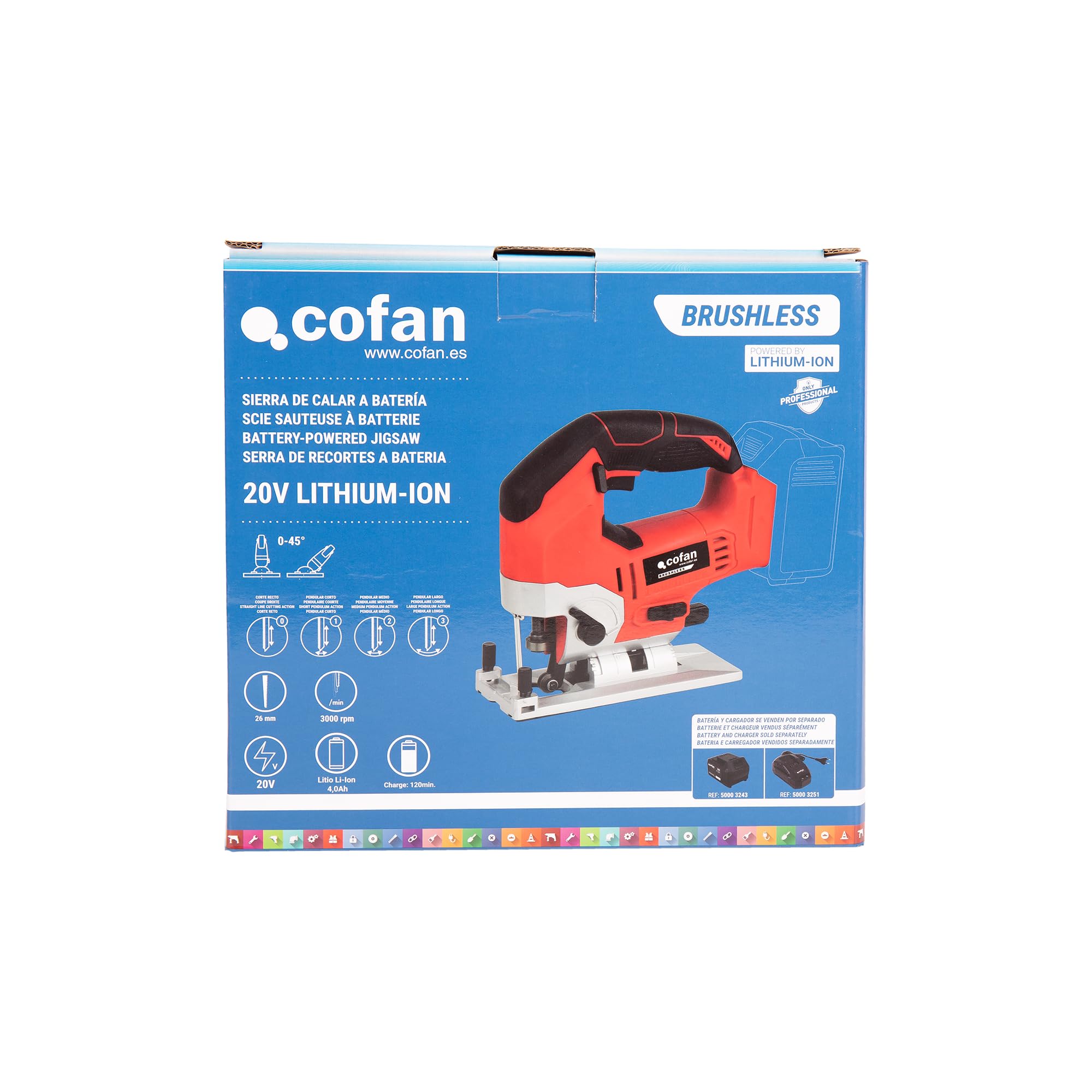 Cofan Sierra de calar a batería | Potencia: 20 V | Motor sin escobillas | Velocidad variable 0–3000 rpm | Acción pendular | Corte inclinado ±45° | Batería y cargador no incluidos