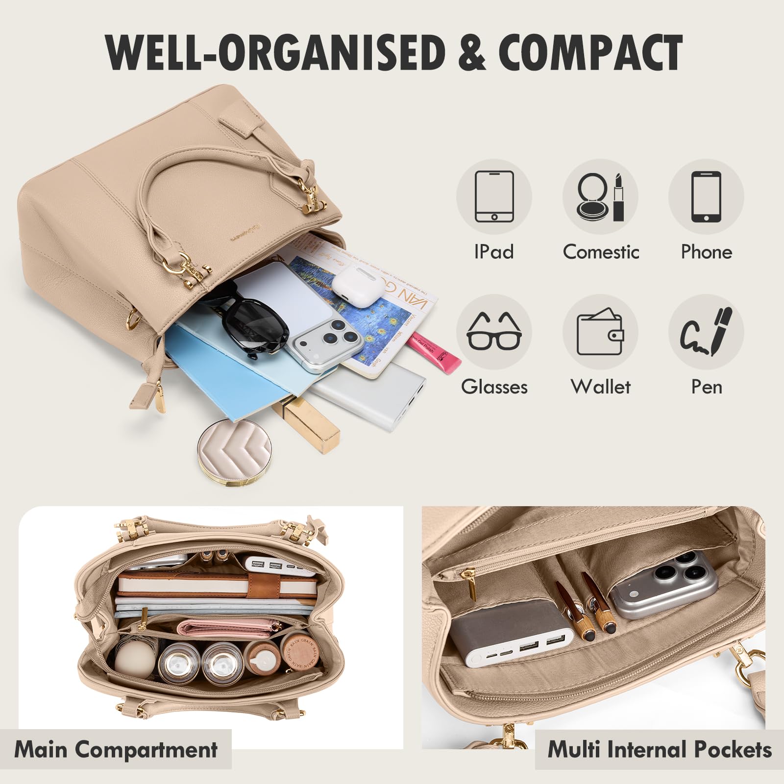 RAINSMORE Sac a Main Femme Cuir PU Sac à Main Bandoulière Elégant Sacs à Main Cabas Femme Fourre Tout pour Université Travail Voyage