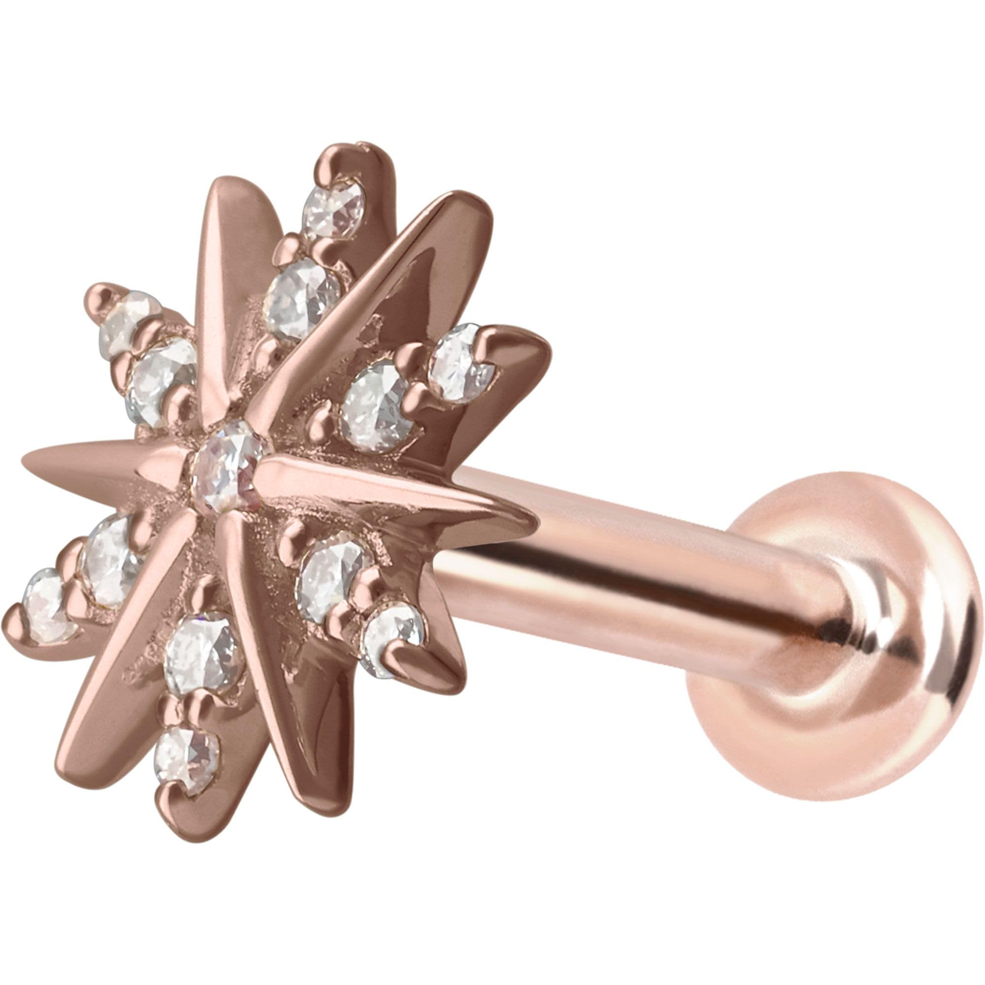 PIERCINGLINE Piercing Stecker 14 Gold Labret mit Push Fit MOISSANIT-BLUME 585er Gold - Roségoldfarben, Goldfarben, Silberfarben