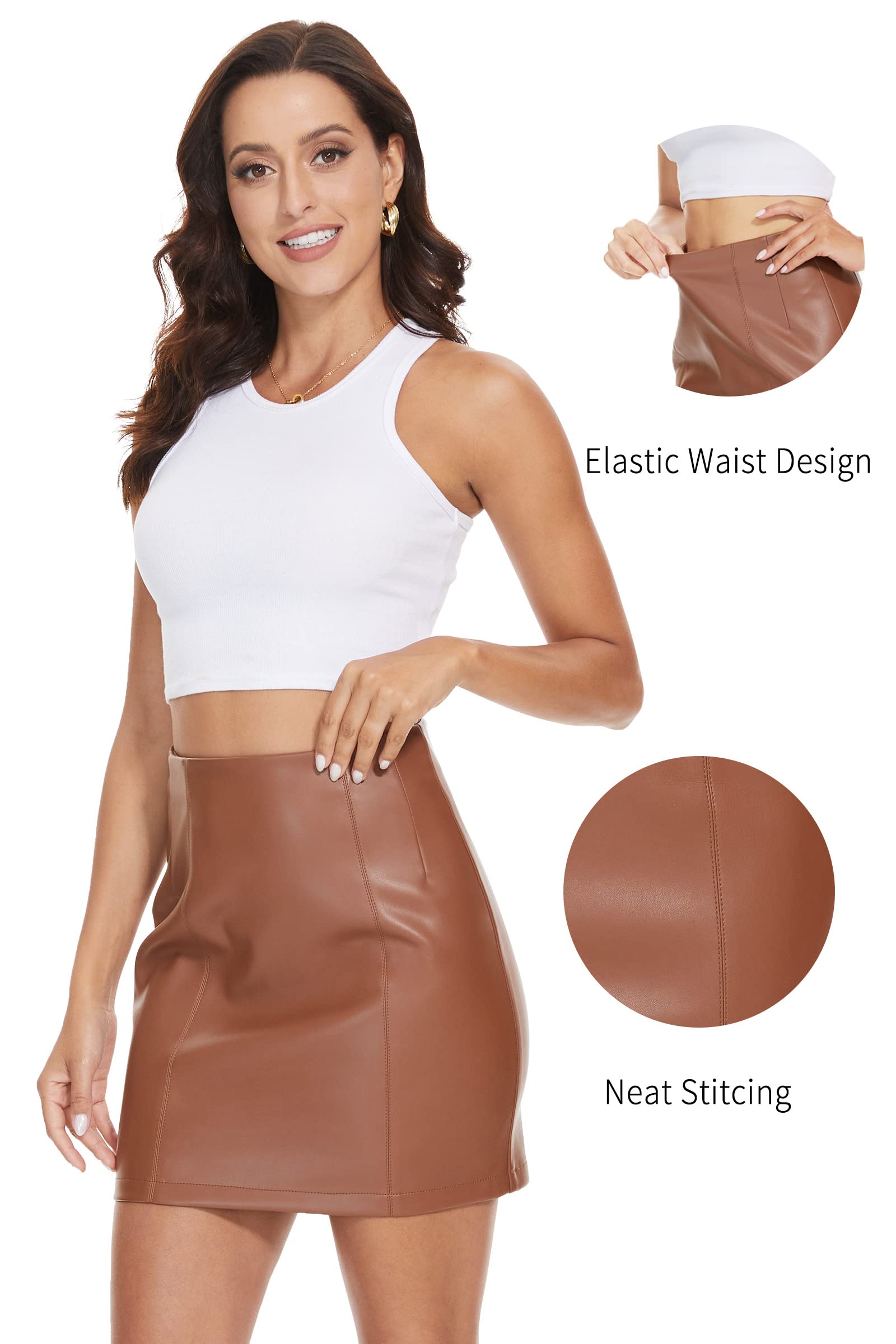 Fahsyee Women's Faux Leather Skirt, Hip High Waisted Stretchy Zipper Mini A-Line Pencil Short Plus Size S-XXL