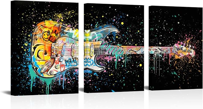 HOMEOART Music Room Decor Graffiti Wall Art Guitar Painting Music Wall Art Framed Canvas Artwork for Walls 12inchx16inchx3Piece Black, Horizontal