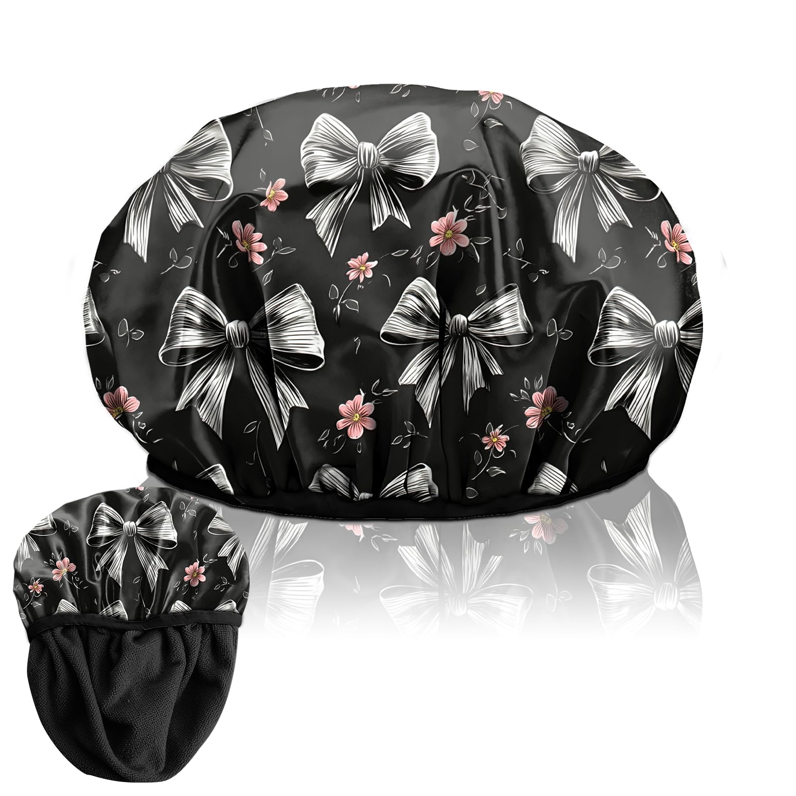 Deokke Duschhaube, wiederverwendbar, dreilagig, elastisch, wasserdicht-Luxus Duschhaube mit Terrystoff-Futter zum Haar trocknen, niedlich für Frauen und Mädchen (F7-grau schwarze Schleife)