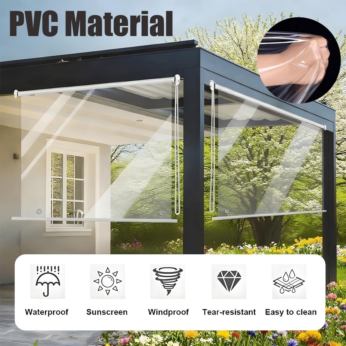 WaterproofRoller eOutdoor - Cubierta de PVC transparente resistente a la lluvia y al viento, para jardín, terraza, protección UV (50 x 50 cm)