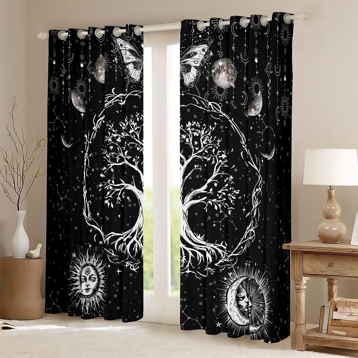 Sun and Moon Blackout Curtains() Bohemian Tree Butterfly Curtain Psychedelic Hippie Darkening Window Dreapes for Bedroom Decor Galaxy Astrology Window Treatments (2 Panels， 52 x 63 Inch)