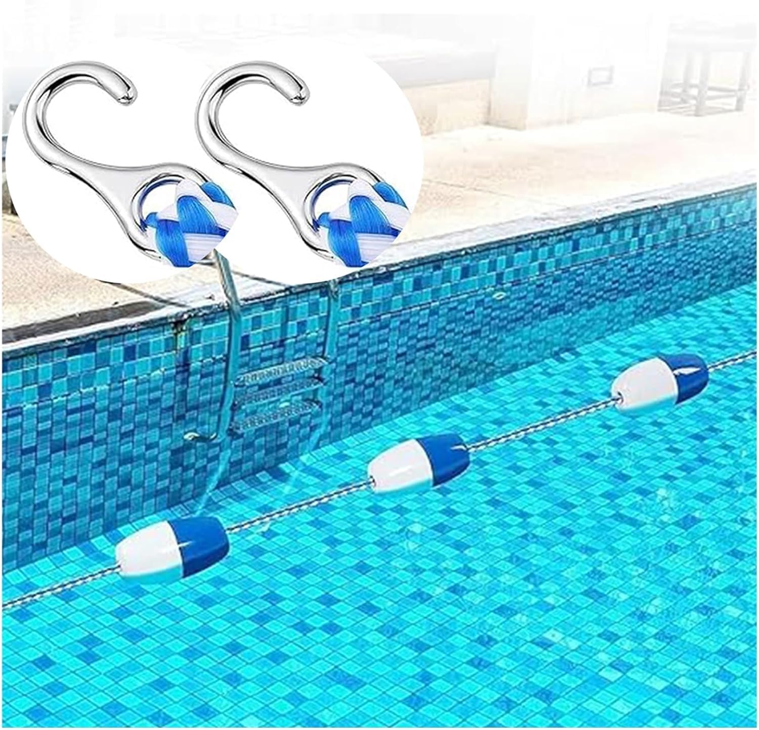 JKJZSALJ Pool Safety Hook Swimming Pool Lane Dividers With 2 Hooks, Safety Rope Plastic Buoy Line, For Pools, Inland Waterways, Beaches,Blue+white,6m/19.7ft