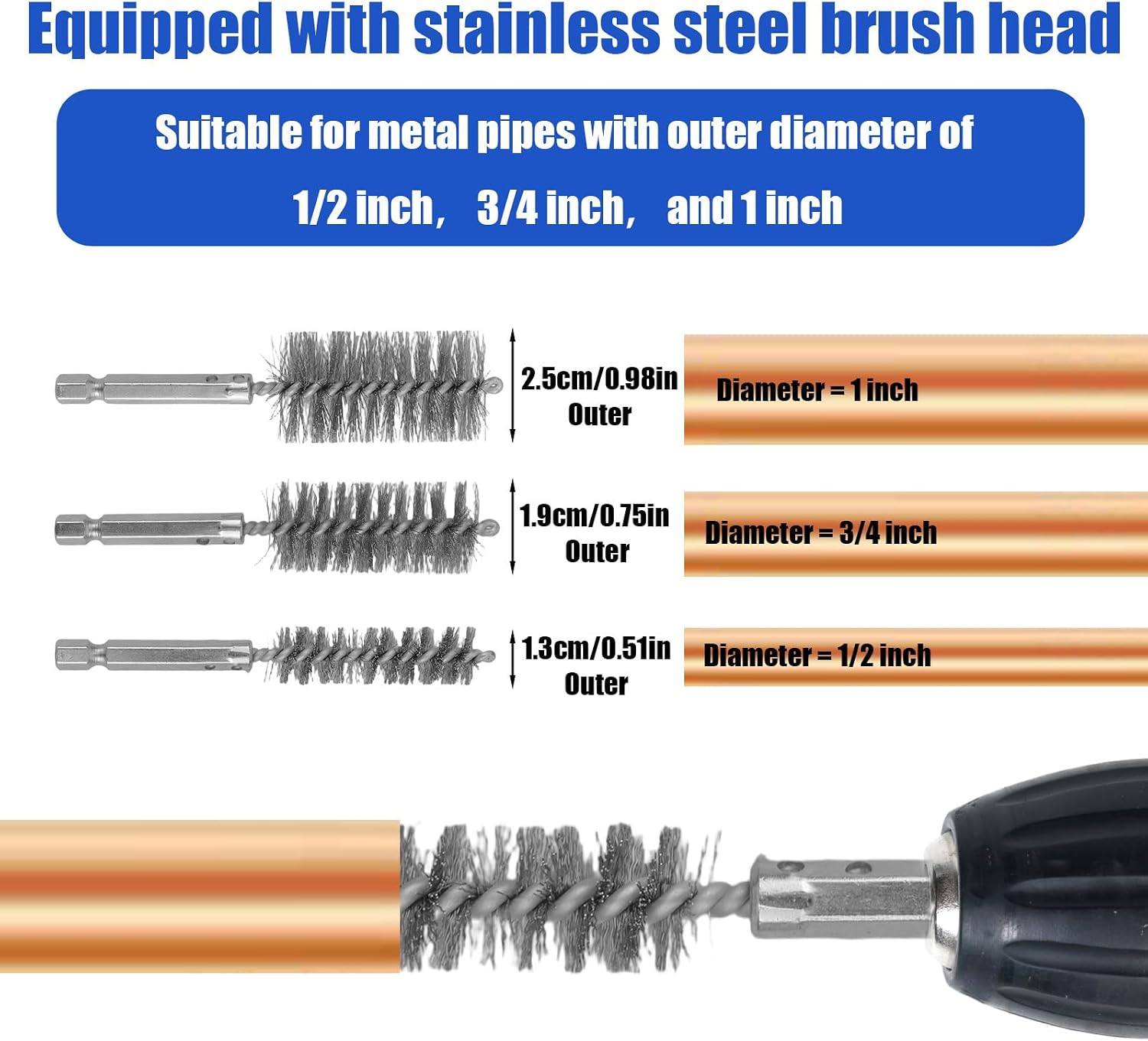 15pcs Copper Pipe Cleaner Kit for Drill, 1/2" 3/4" & 1" Metal Copper Pipe Cleaner with Brush Blades and Cleaning Brushes Professional Plumbing Tools for Clearing Stains Paint from Tube Attachment