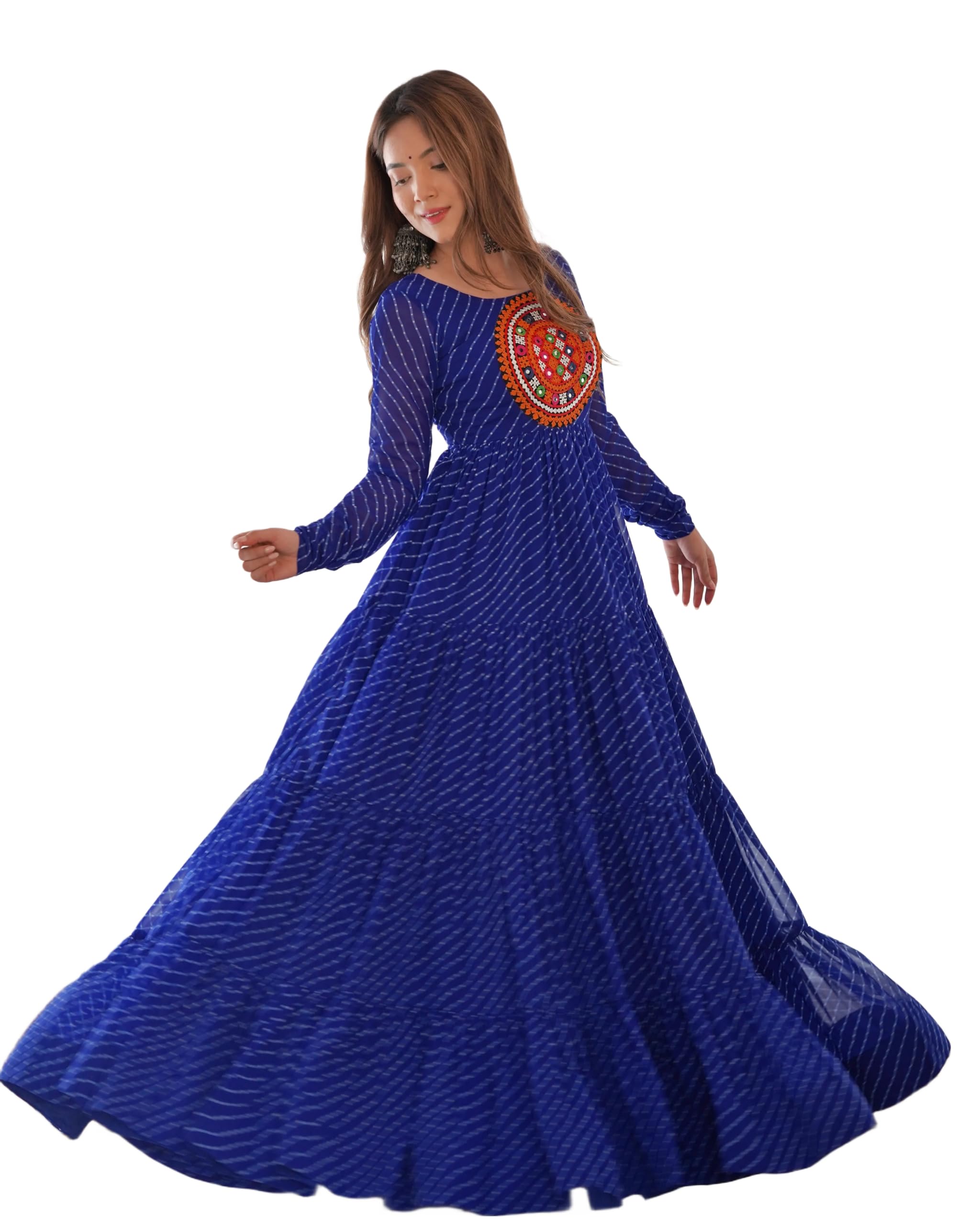 brand of brothers stor Womens Premium Fox Georgette Laheriya Print Layered Round Kurta Fully Stitched Traditional Ethnic Wear-picture-10