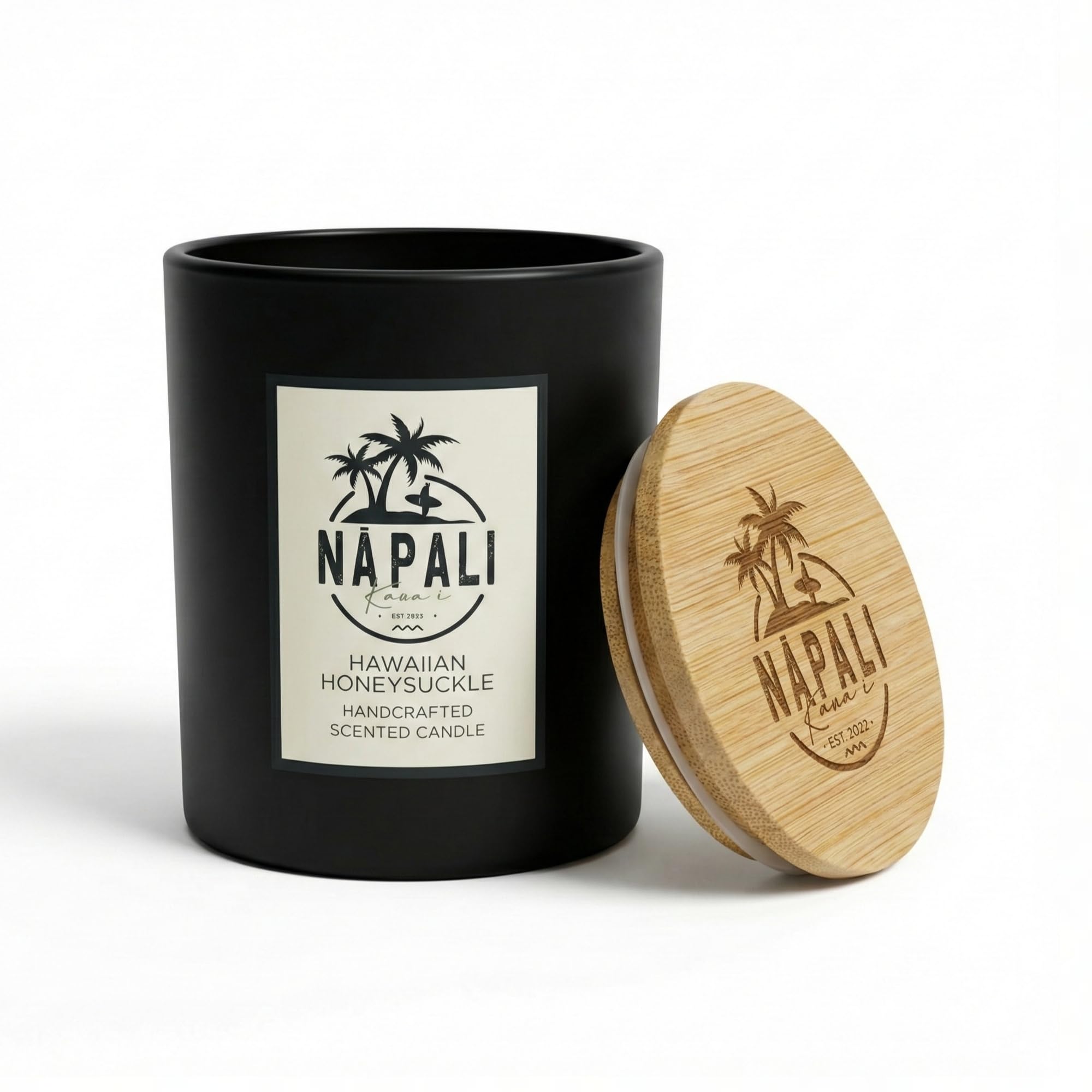 Na Pali White Wax | Black Jar Hawaiian Candle | Hawaiian Honeysuckle | Handmade Natural Soy Wax Candle With Wooden Crackling Wick - Floral - Eco-Friendly & Long-Lasting - Perfect For Relaxation And Gifting